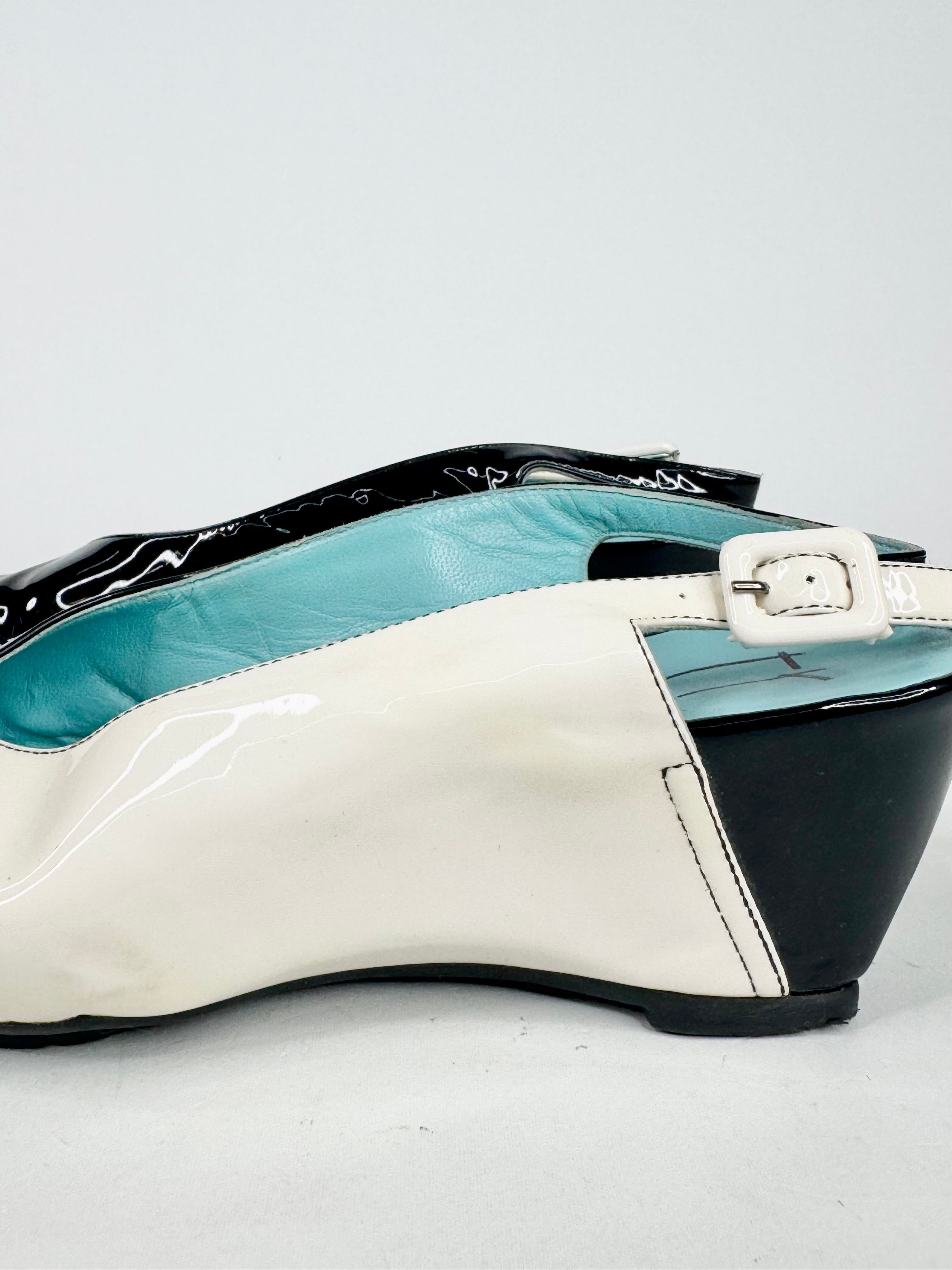 Thierry Black & White Patent Leather Peep Toe Wedges - EU38