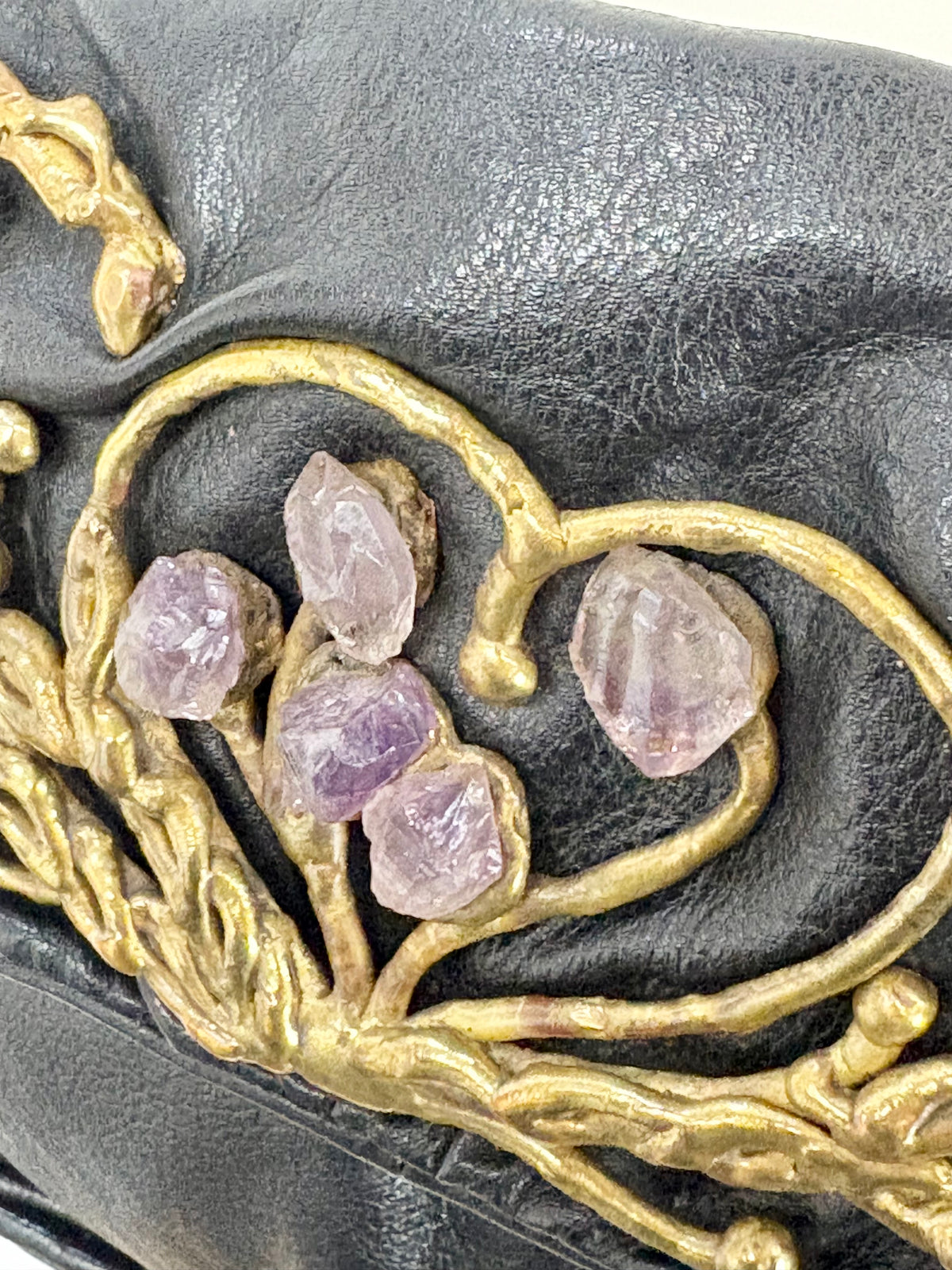 Amethyst Encrusted Black Leather Shoulder Satchel Bag