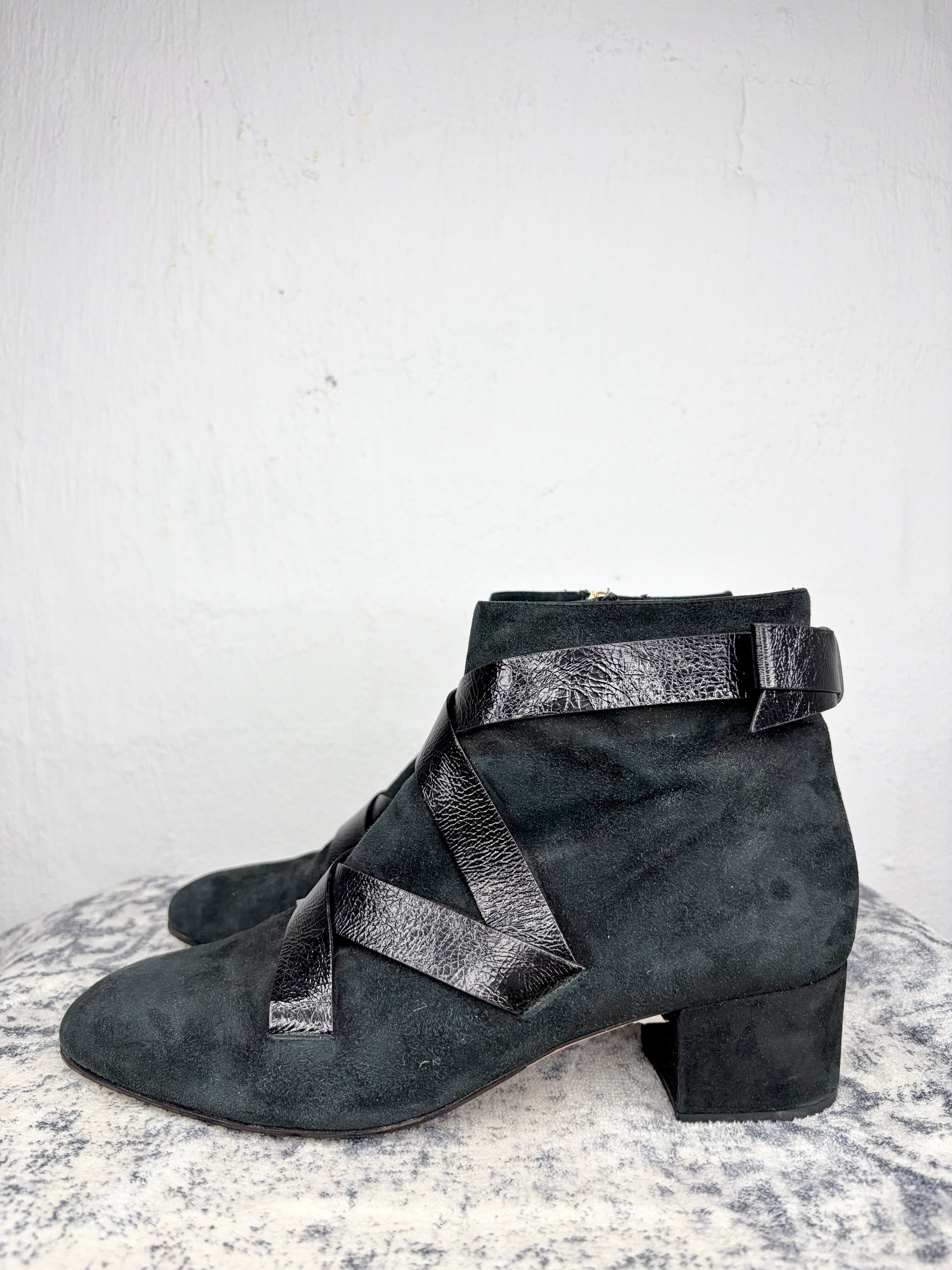 Jimmy Choo Black Suede Crackled Leather Strap Ankle Boots - EU40
