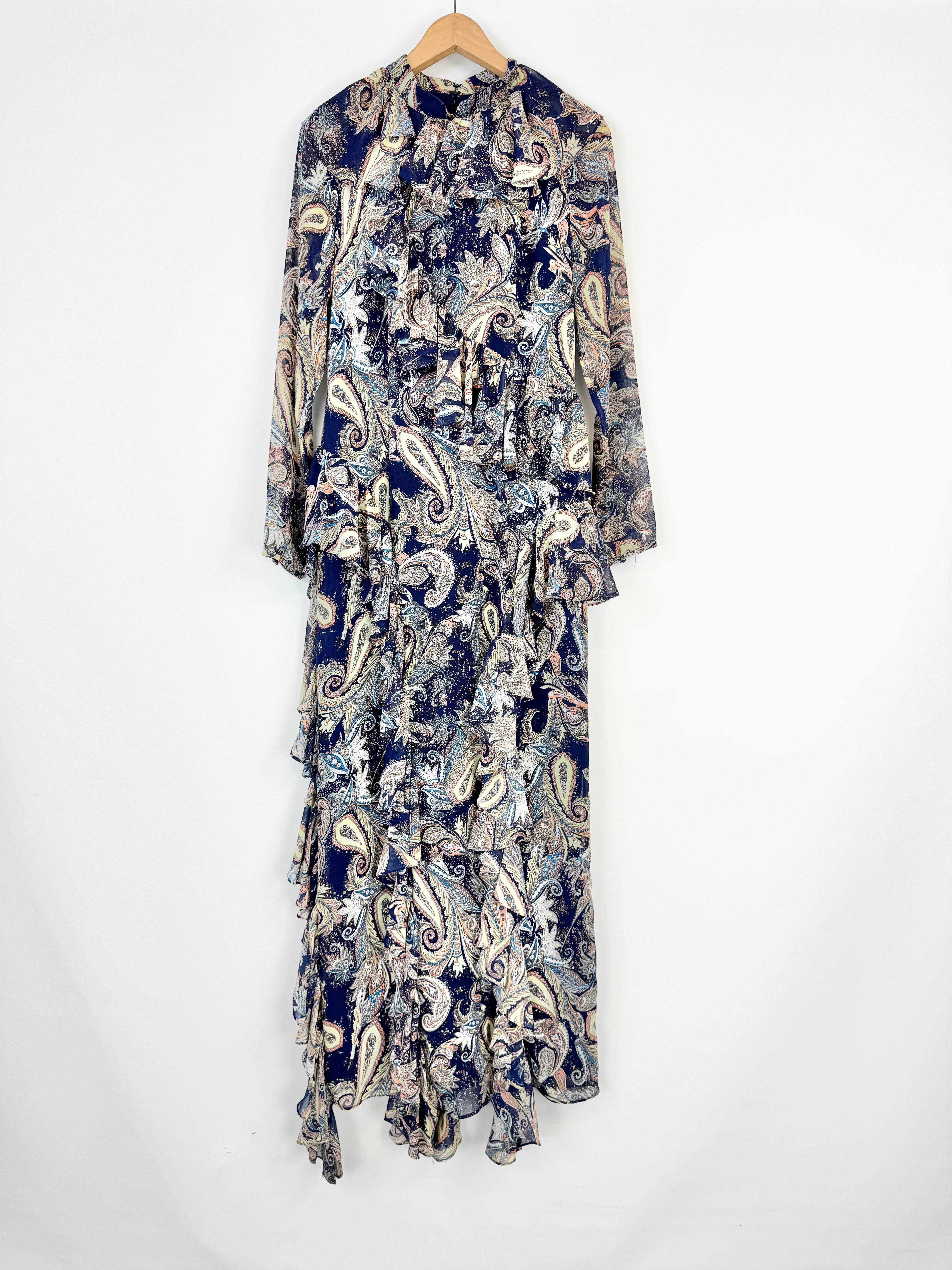 Mirael Aghal Dark Blue Paisley Pattern Ruffle Embellished Maxi Dress - AU6/8