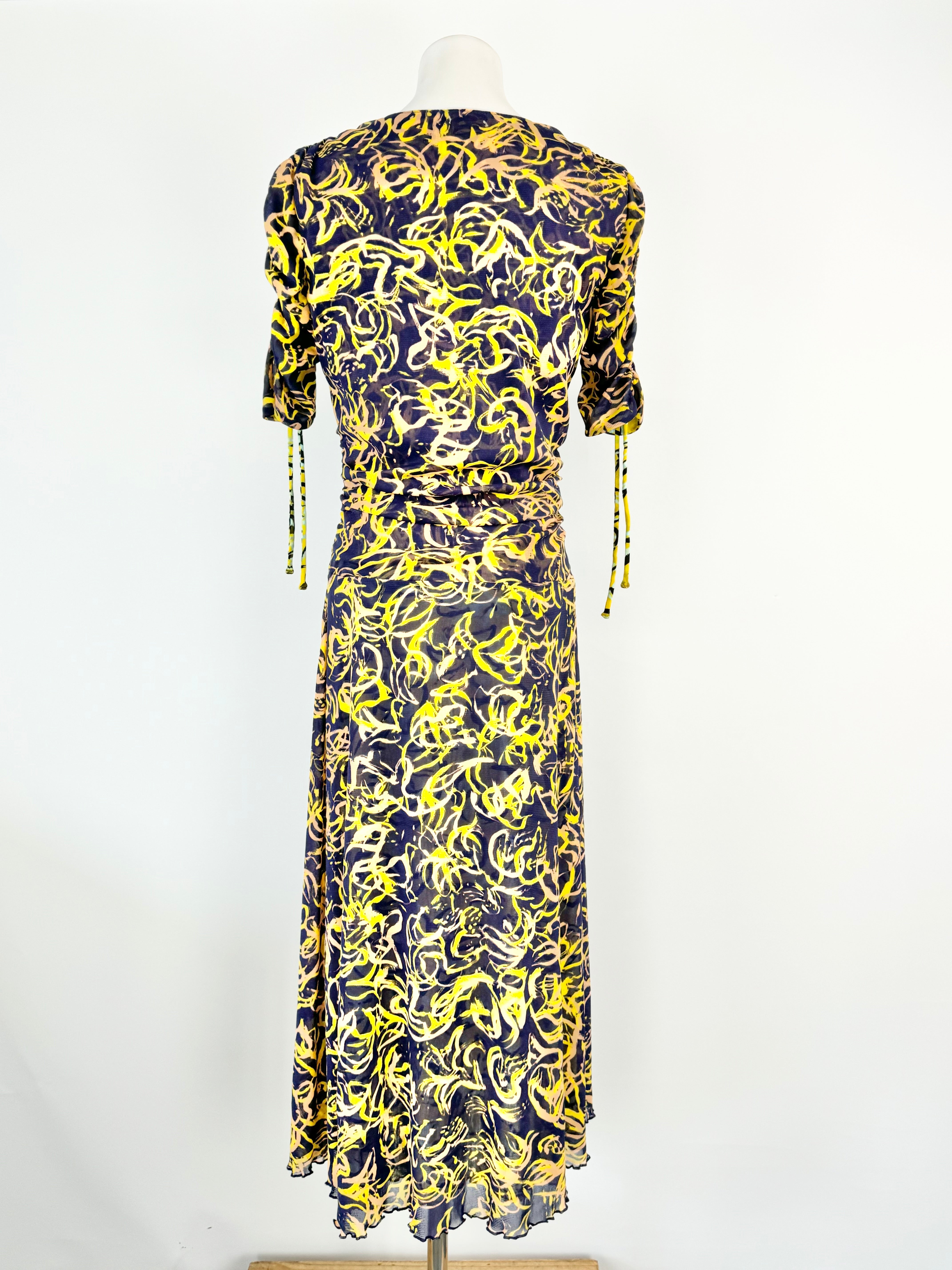 DVF 'In Charge' Yellow Patterned Ruched Dress - AU10/12