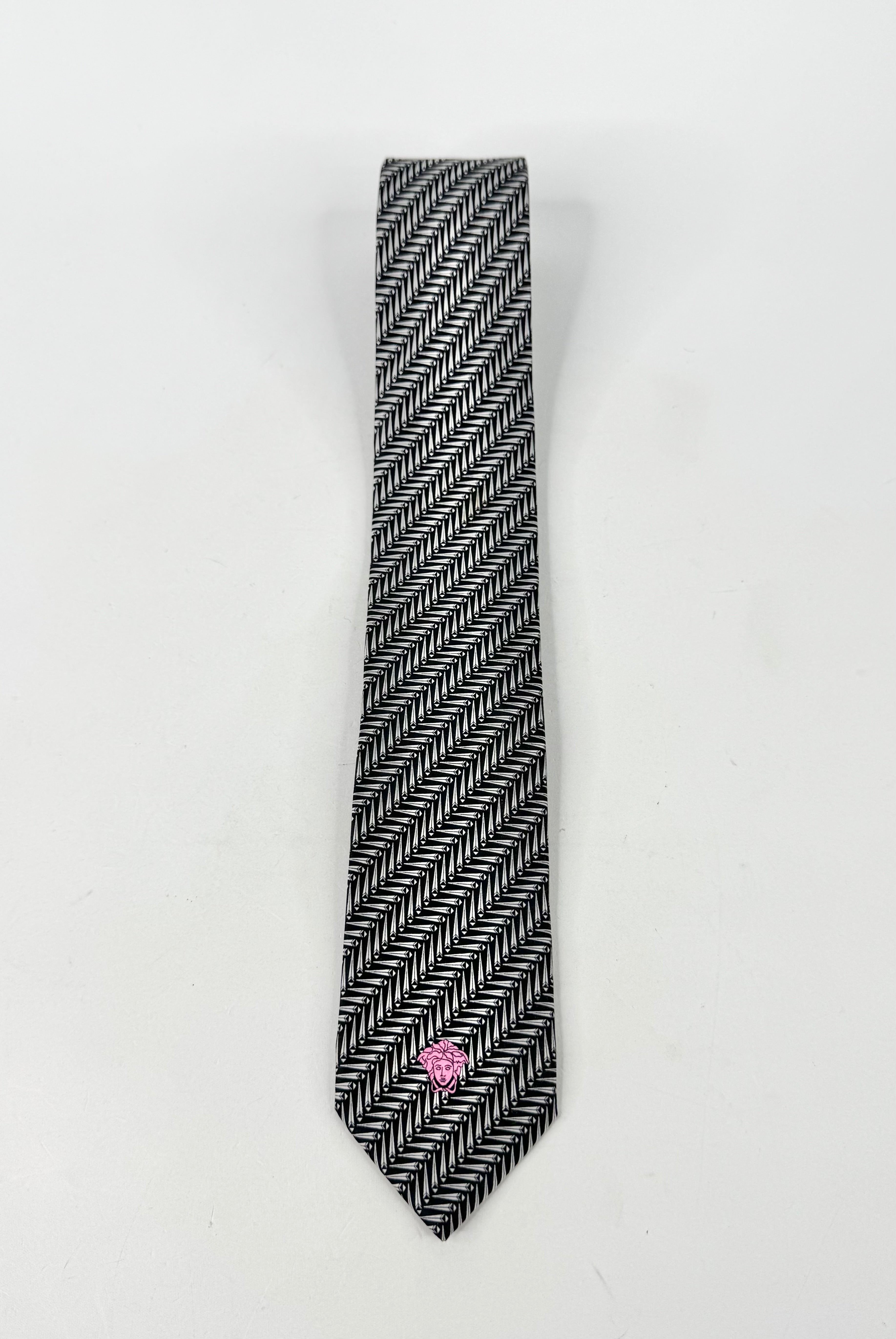 Versace Black & White Patterned Silk Tie