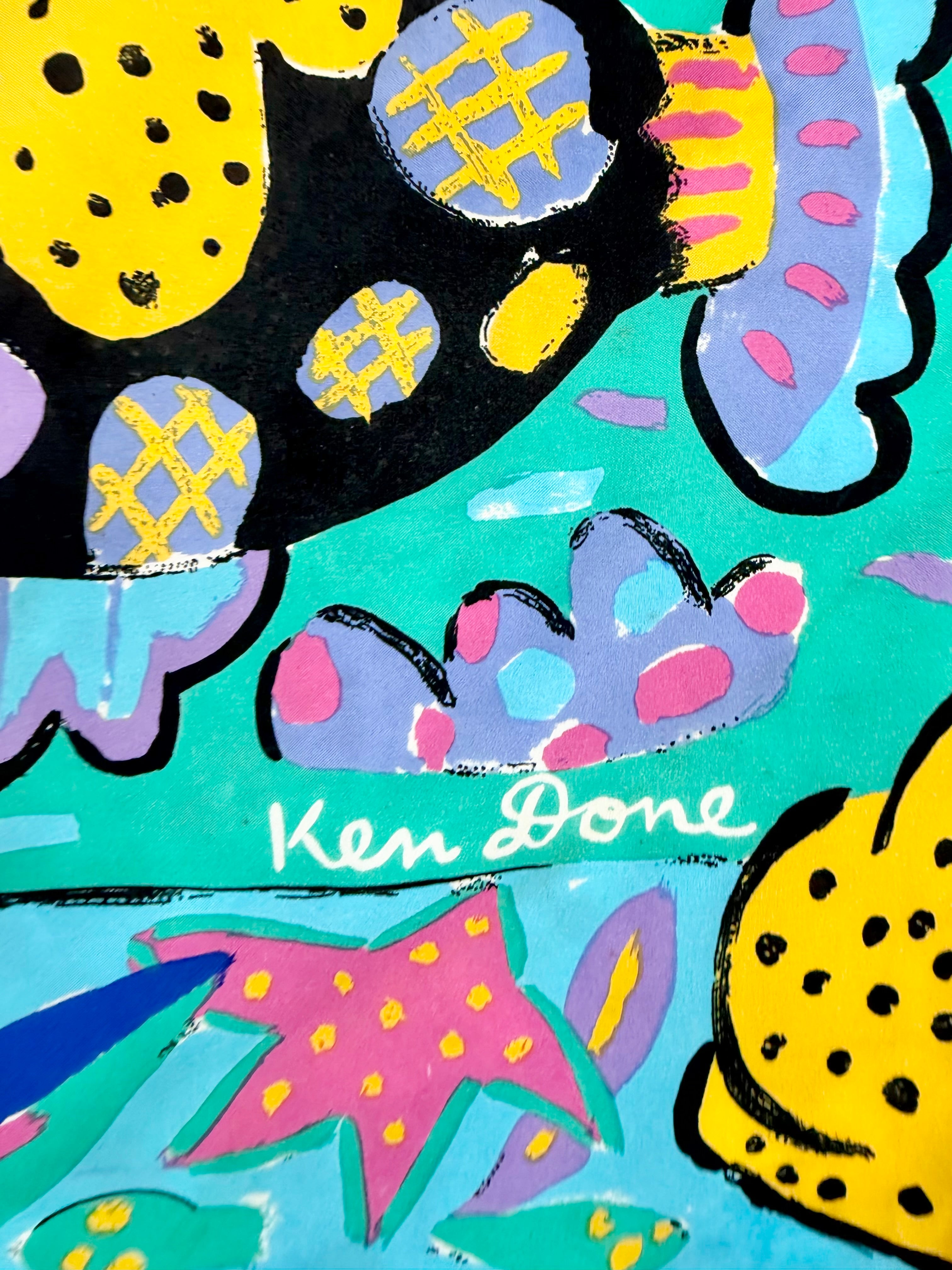 Vintage Ken Done Tropical Barrier Reef Fish Pattern Scarf