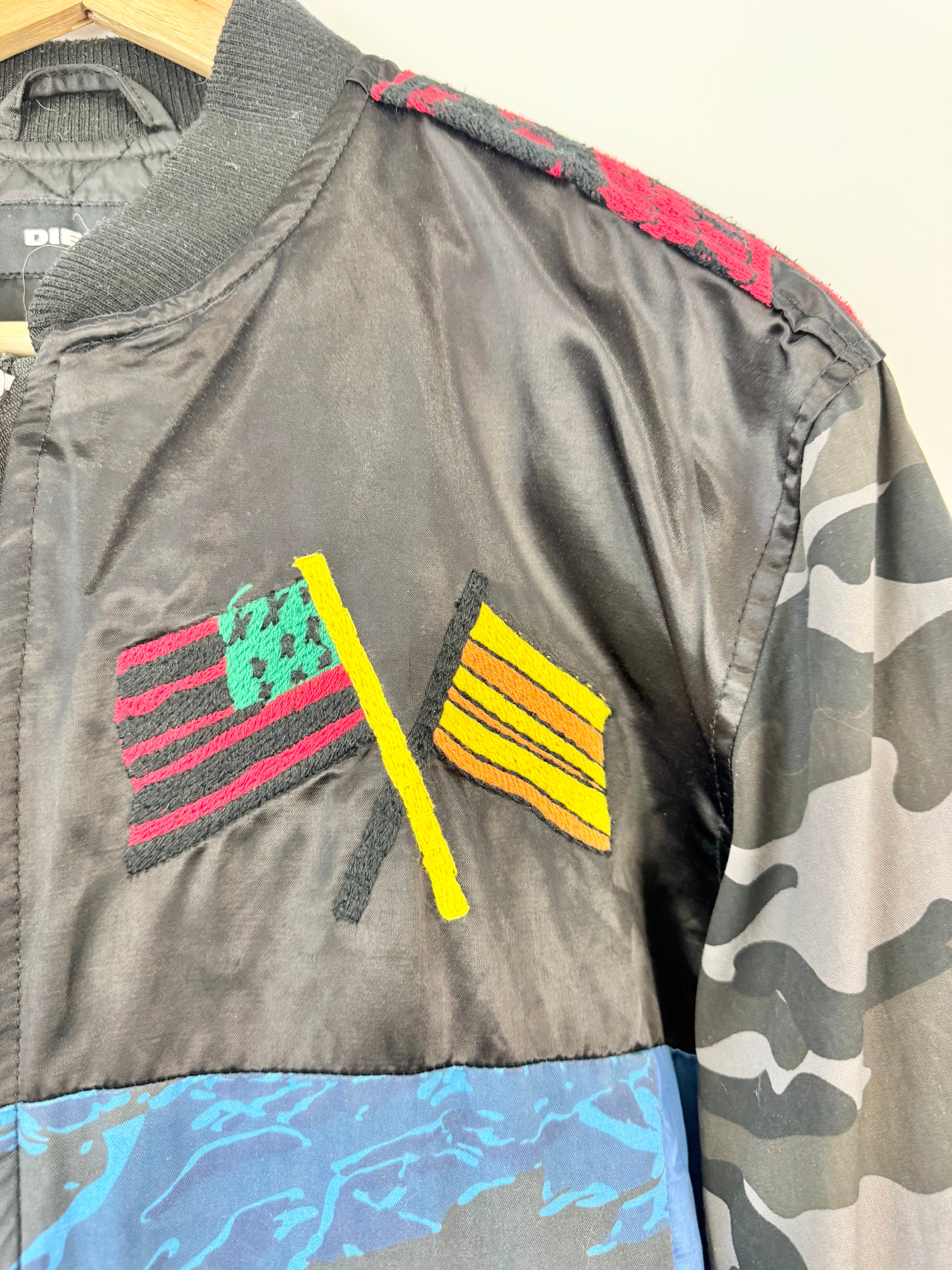 Diesel 'J-Kit' Patch Embroidered Blue & Black Bomber Jacket - L