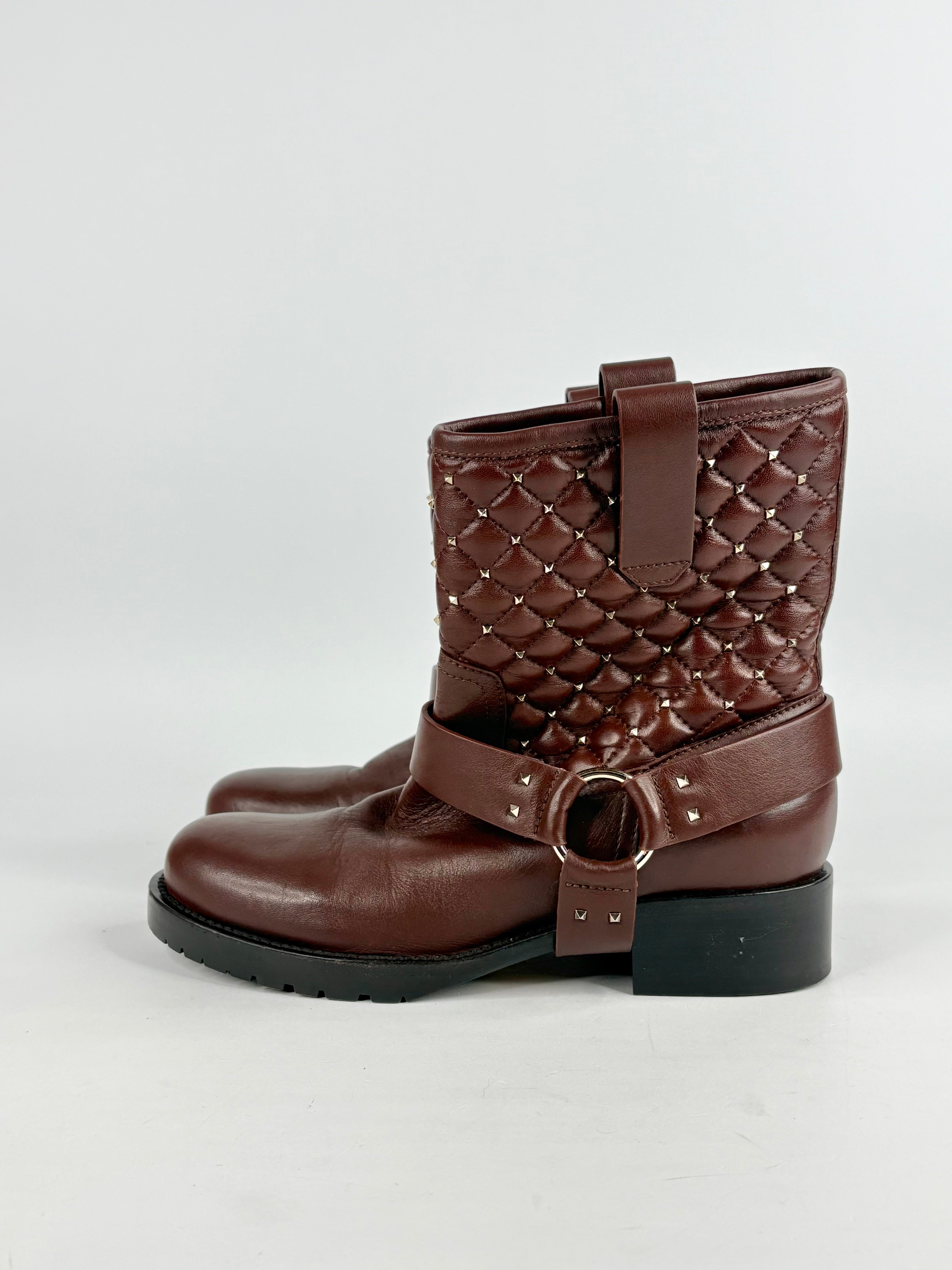 Valentino Garavani Brown Leather Quilted-Rockstud Biker Boots - EU35