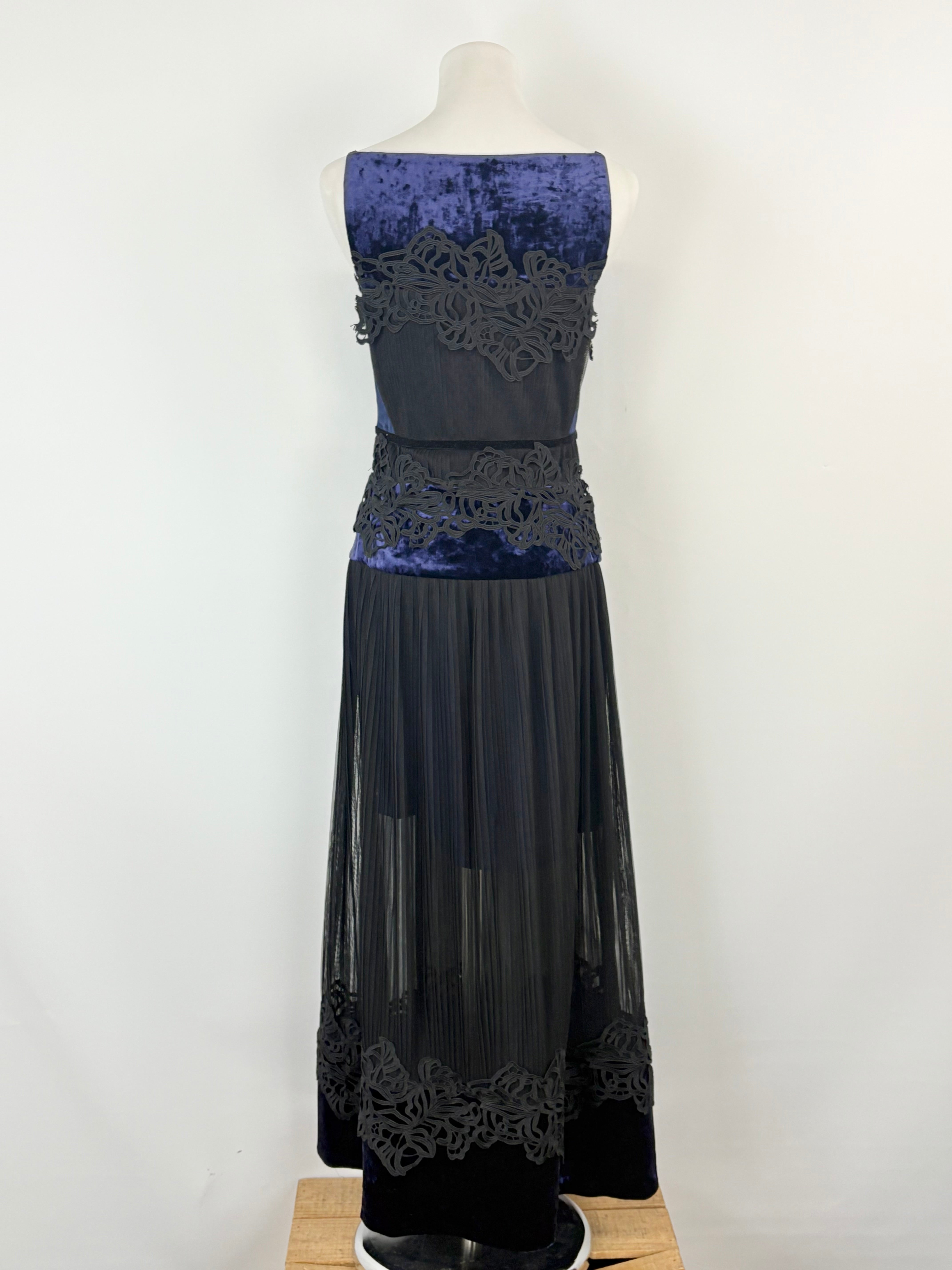 Three Floor Twilight Blue & Embroidered Floral Black Tiered Evening Dress - AU8
