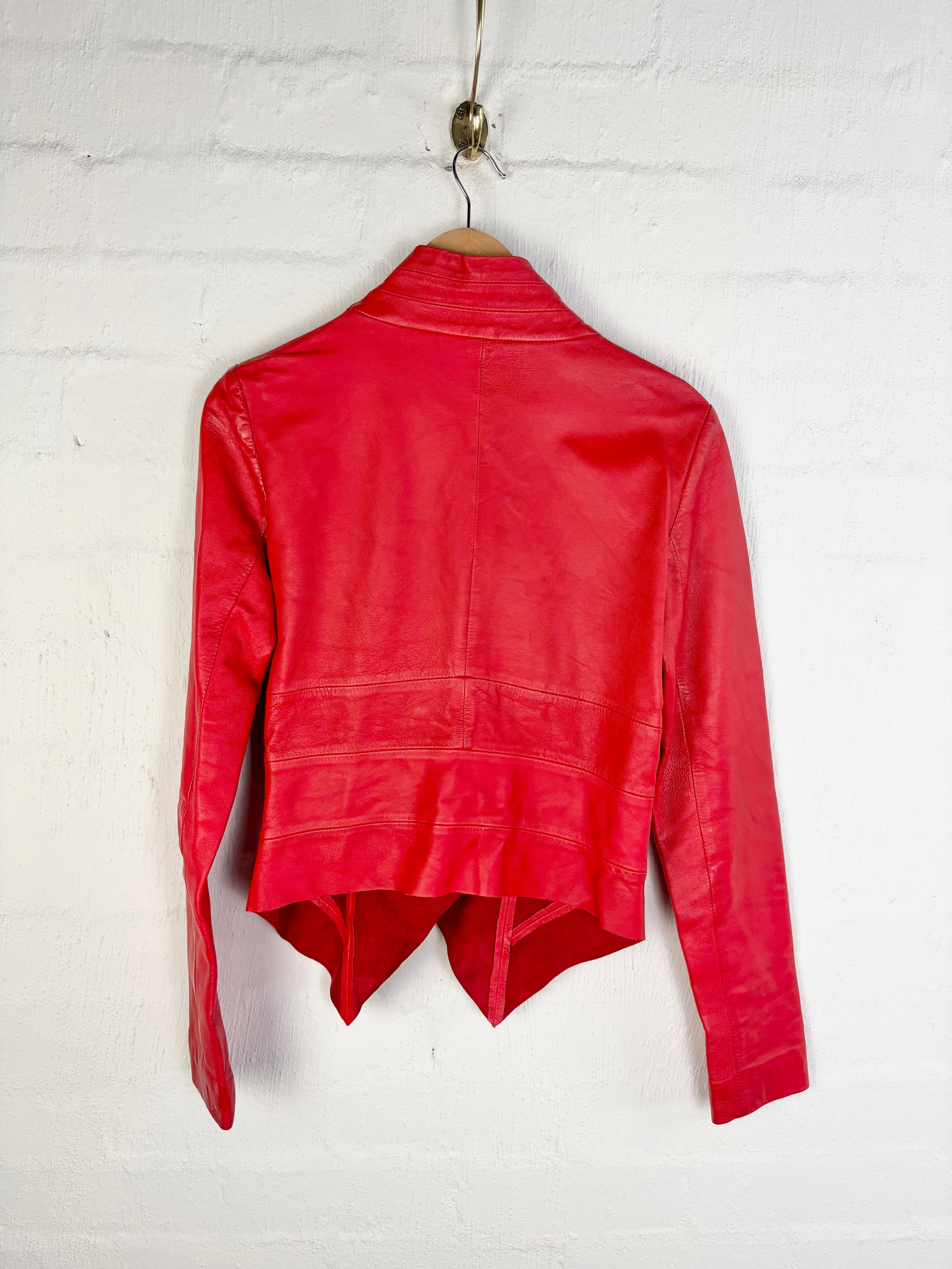 Rose Red Asymmetrical Leather Jacket - AU10