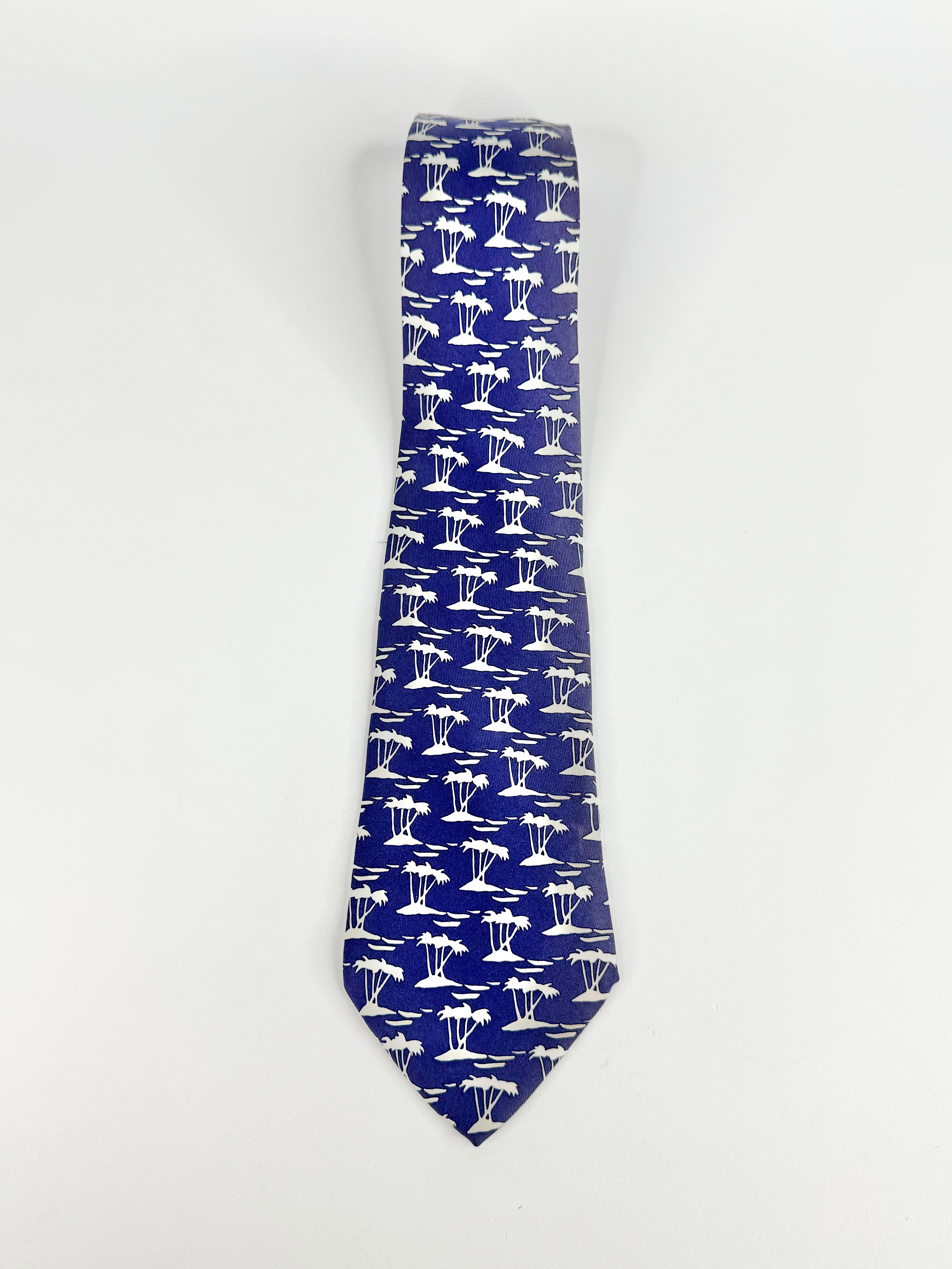 Vintage 90s Hermès Deep Blue Palm Tree Patterned 7450 Silk Tie
