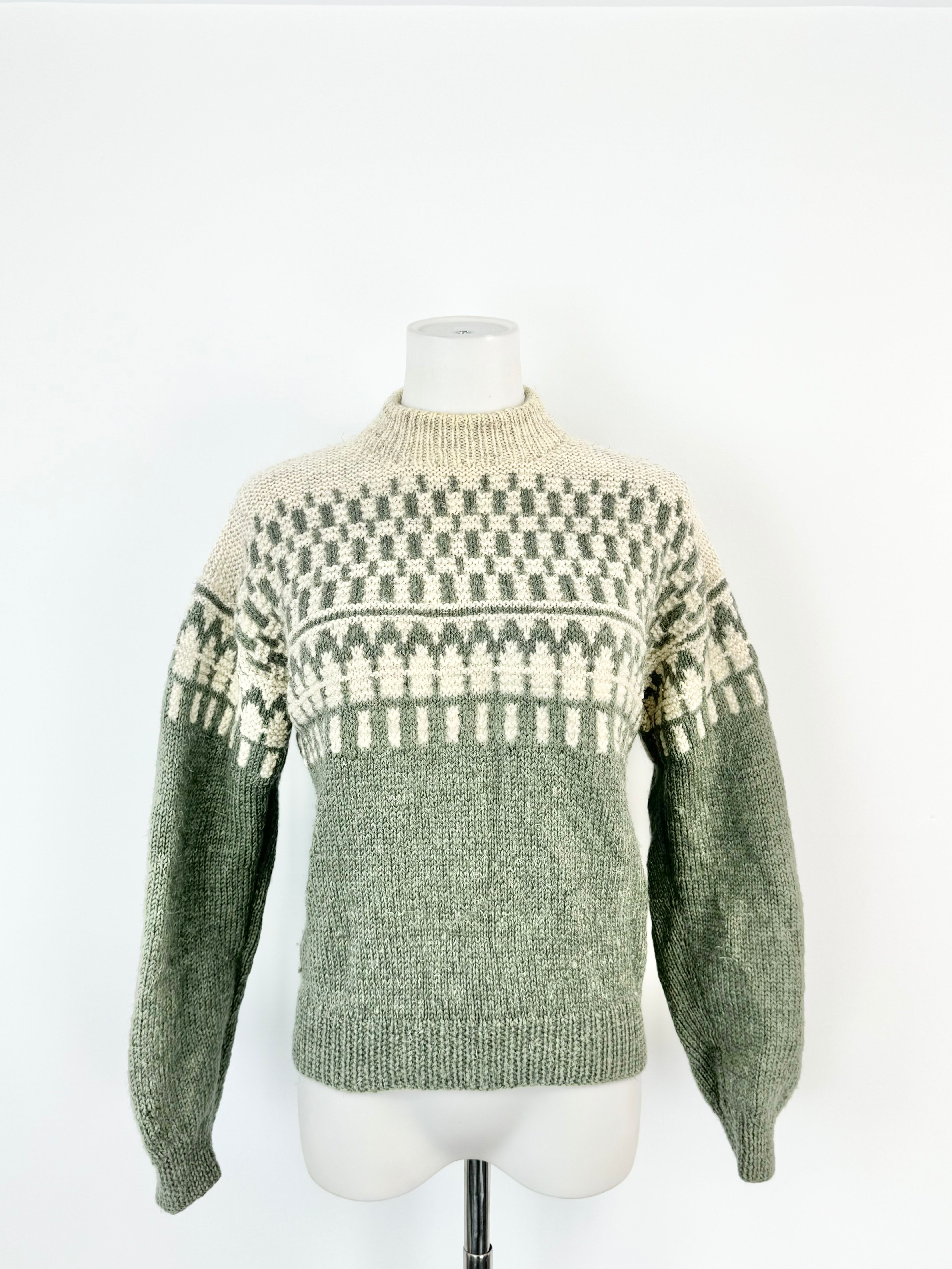 Hand-Made Sage Green & White Knitted Jumper - AU6/8