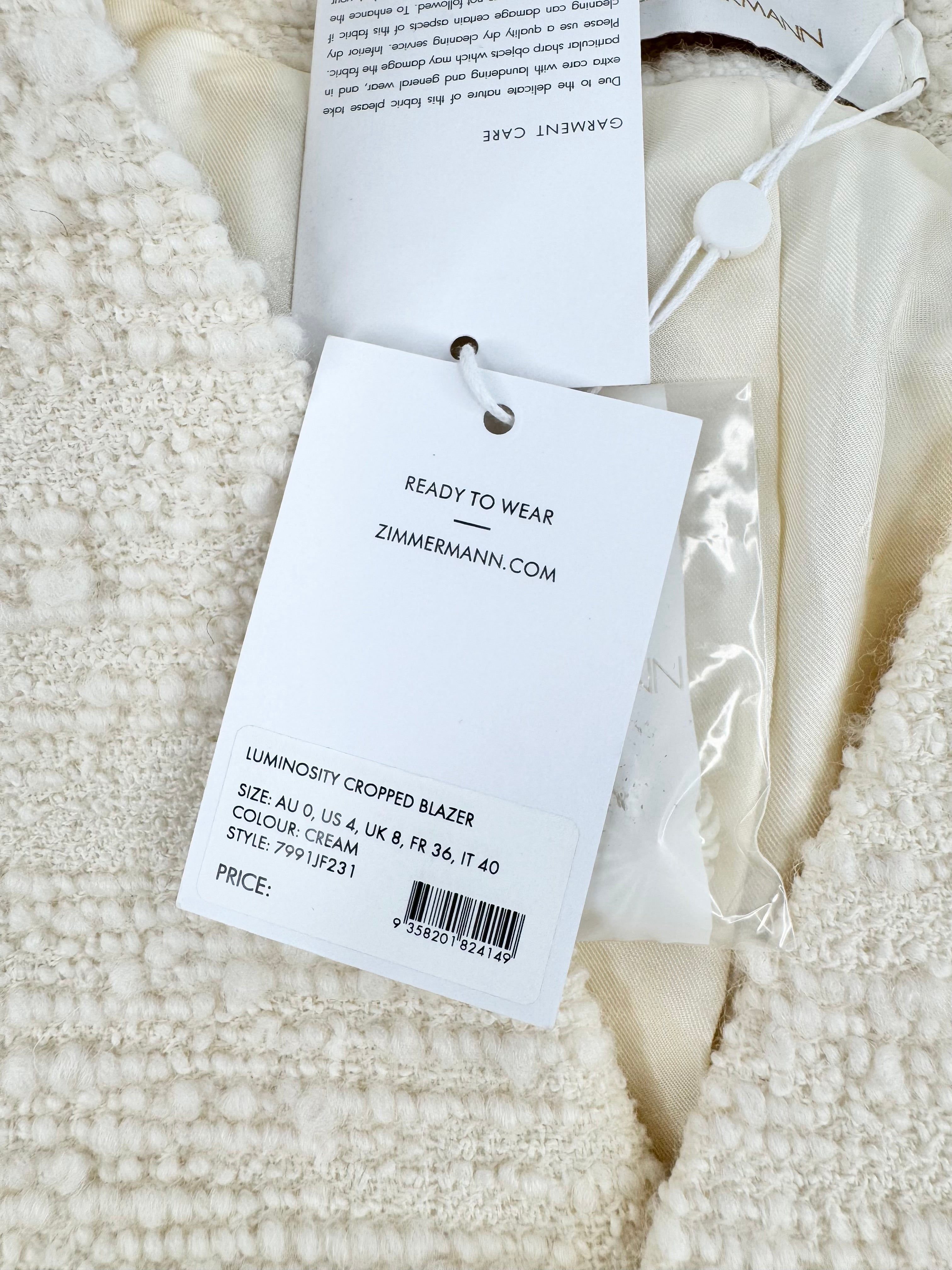 Zimmermann 'Luminosity' Cream Cropped Blazer - AU8