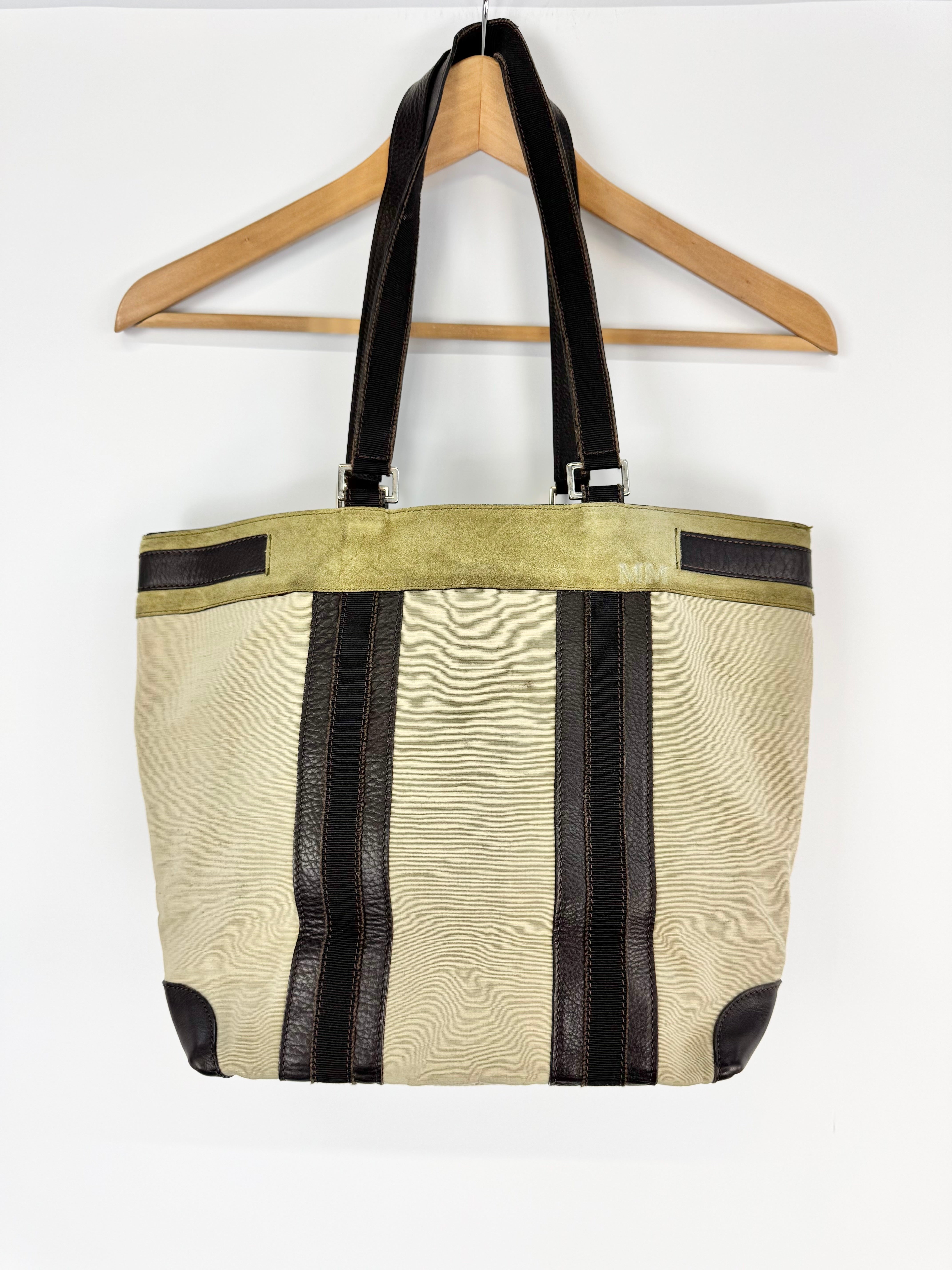 Vintage Max Mara Khaki Leather & Fabric Tote