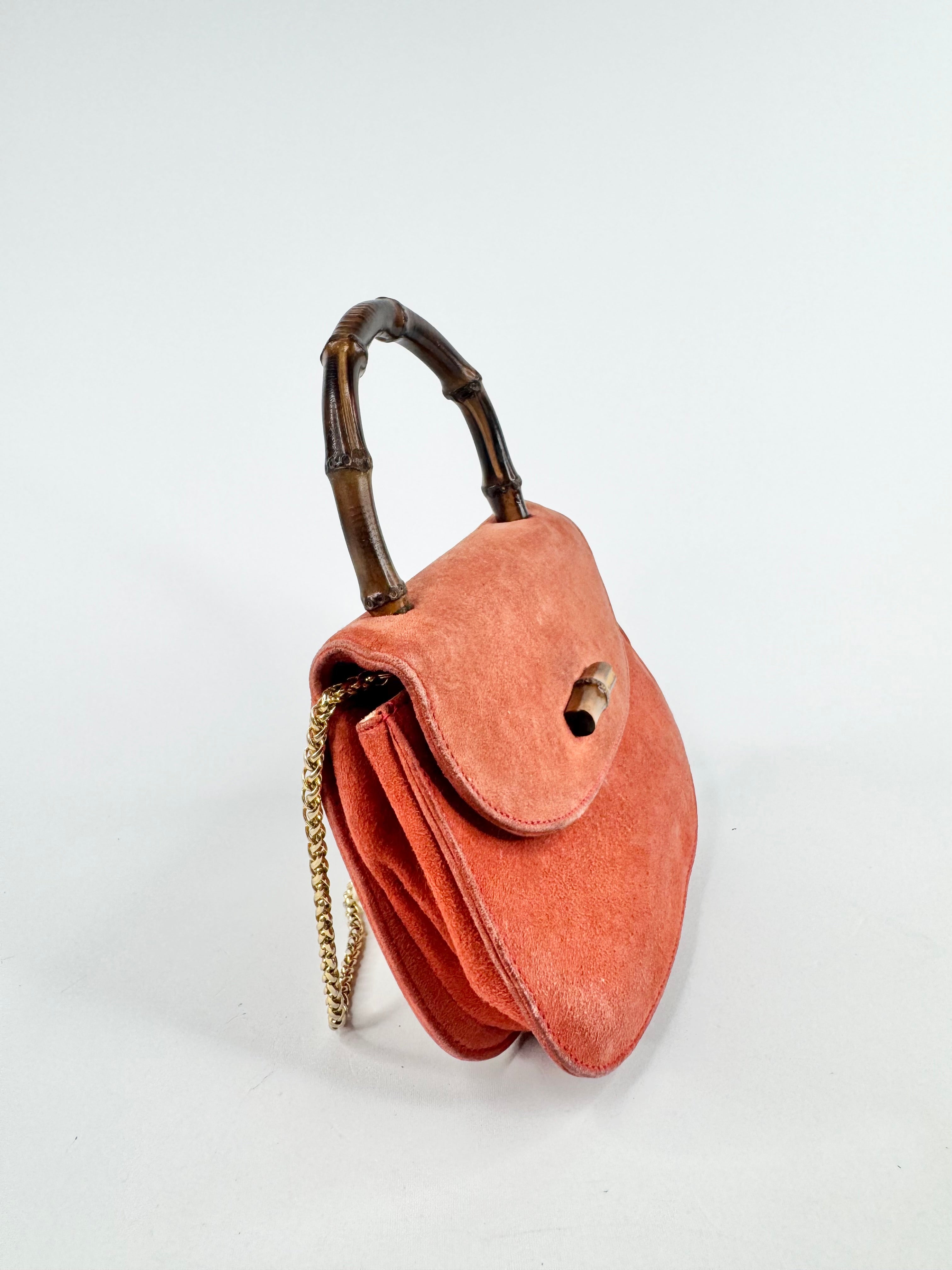 Vintage Gucci Mini Orange Sorbet Suede Bamboo Cross Body Bag