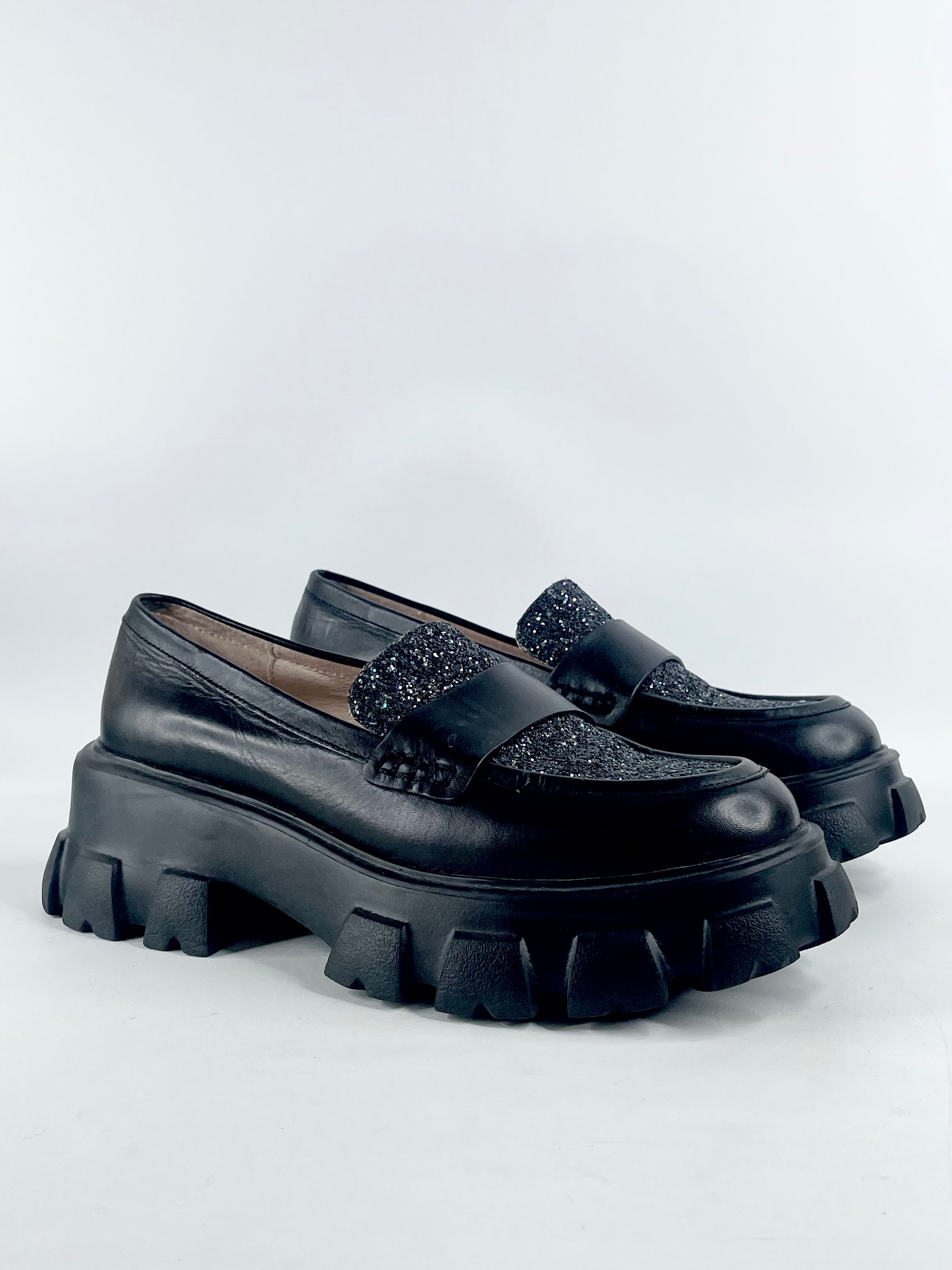 Gorman Black Glitter Leather Loafers - EU40