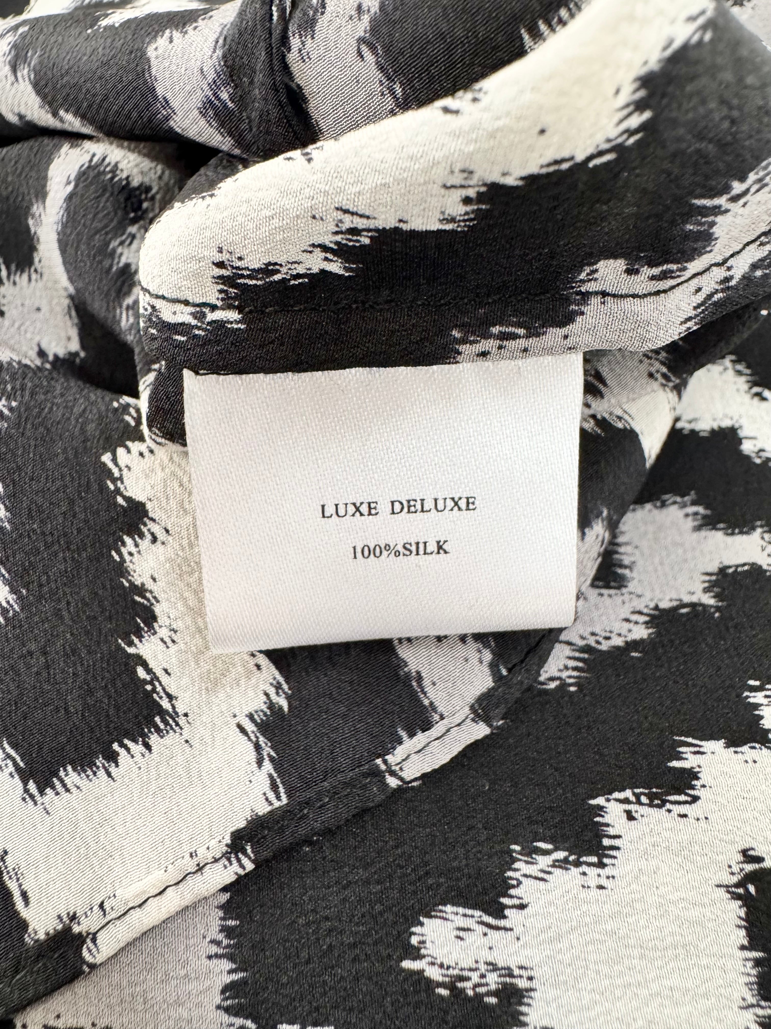 Luxe Deluxe Silk Black & White Geometric Patterned Tie Midi Dress - AU12