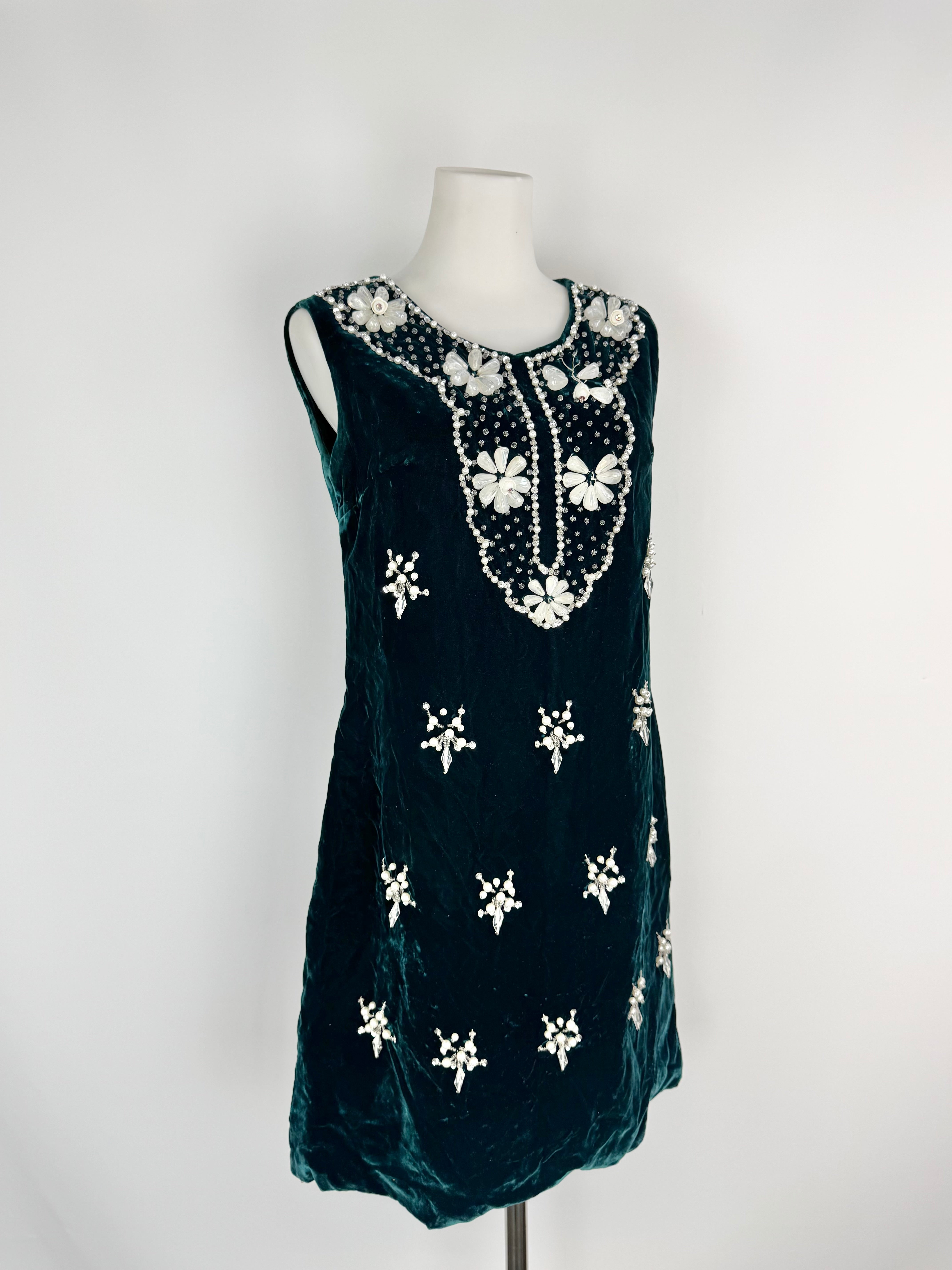 Hand Made Teal Velvet Beaded A-Line Dress - AU8/10