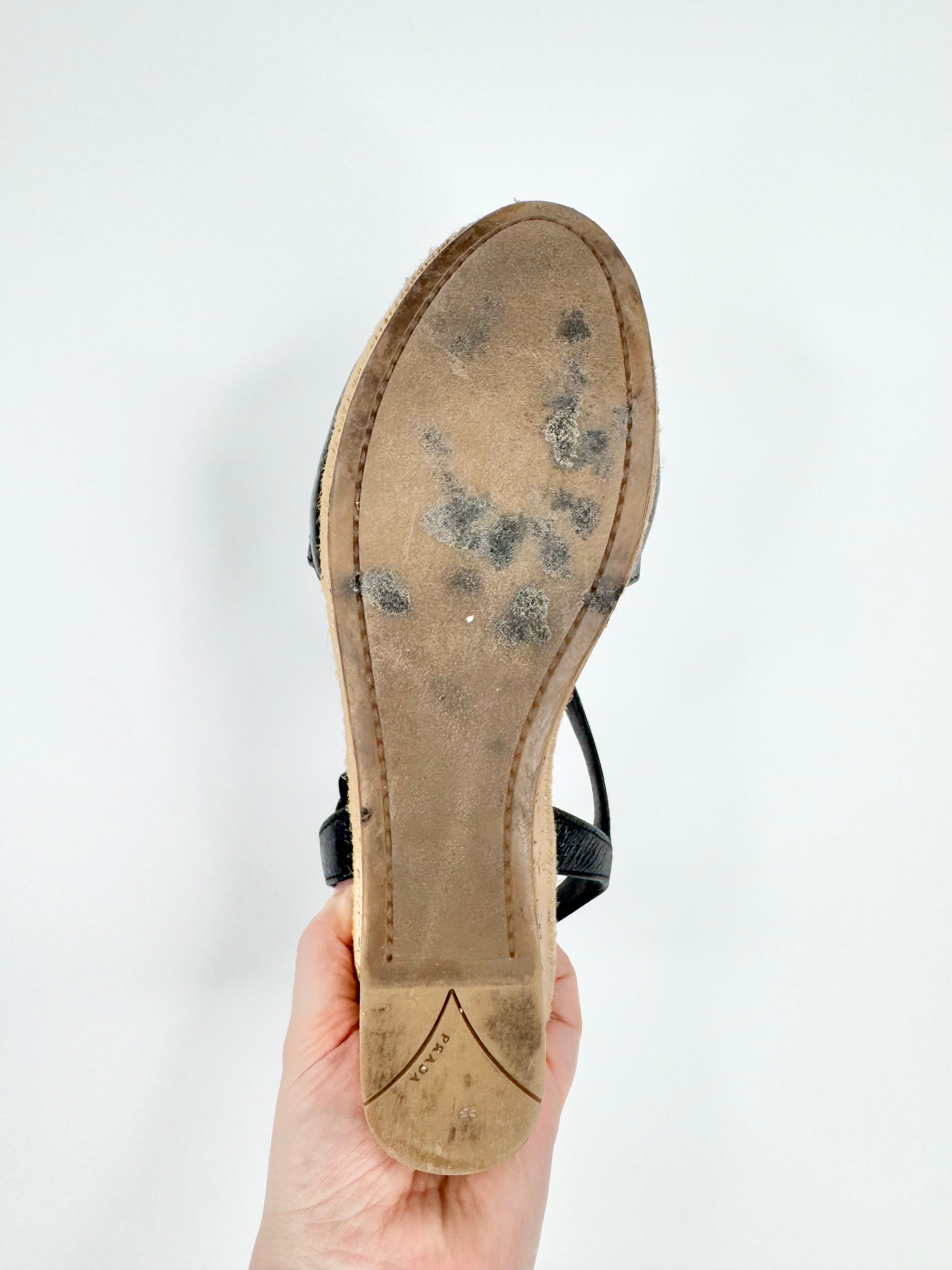 Prada Black Leather Peep Toe Cork Wedge Sandals - EU37.5