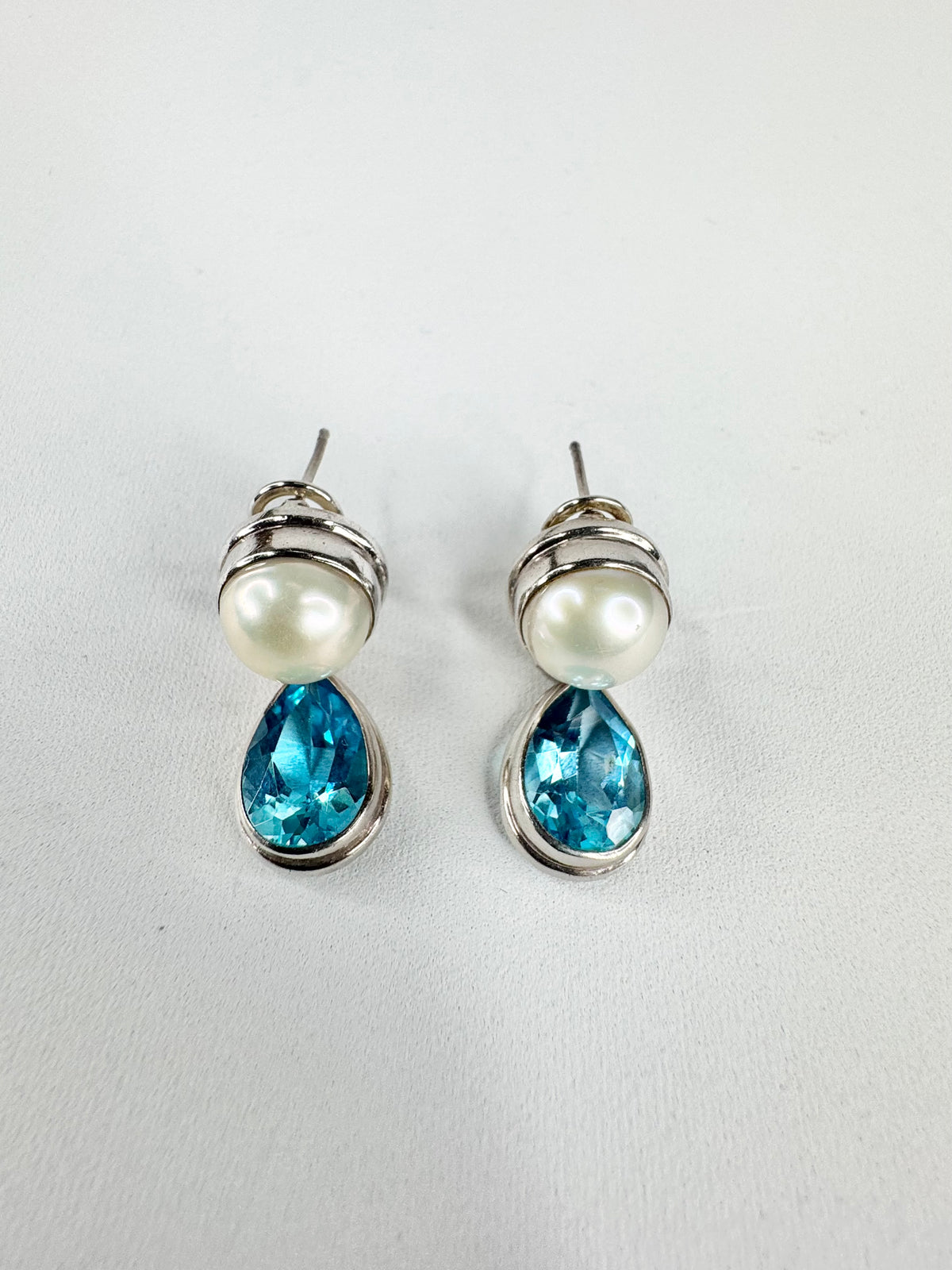 Silver, Pearl & Aqua Crystal Earrings