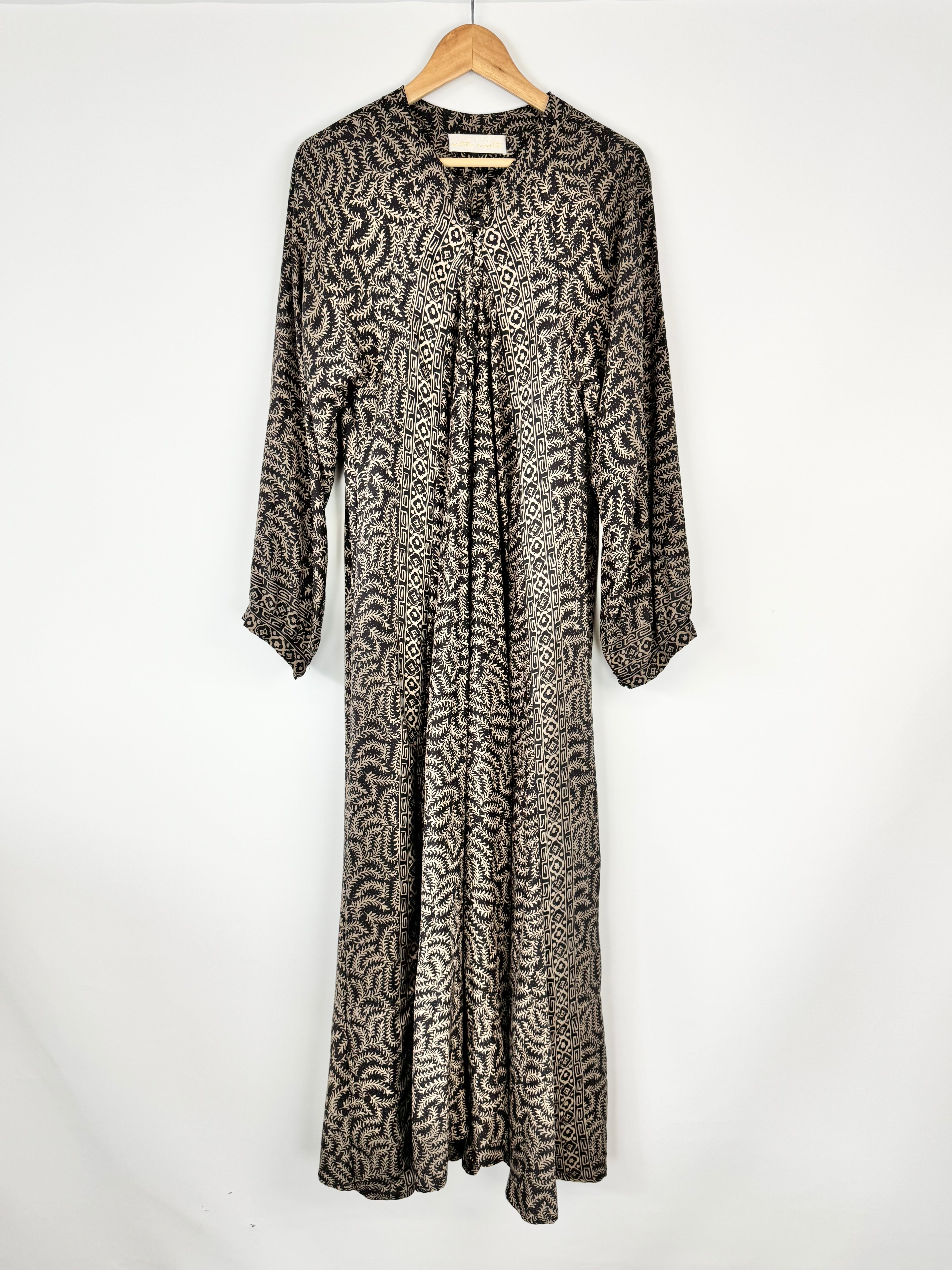 Natalie Martin Fern Front Patterned Taupe & Ivory Silk 'Fiore' Maxi Dress - AU12