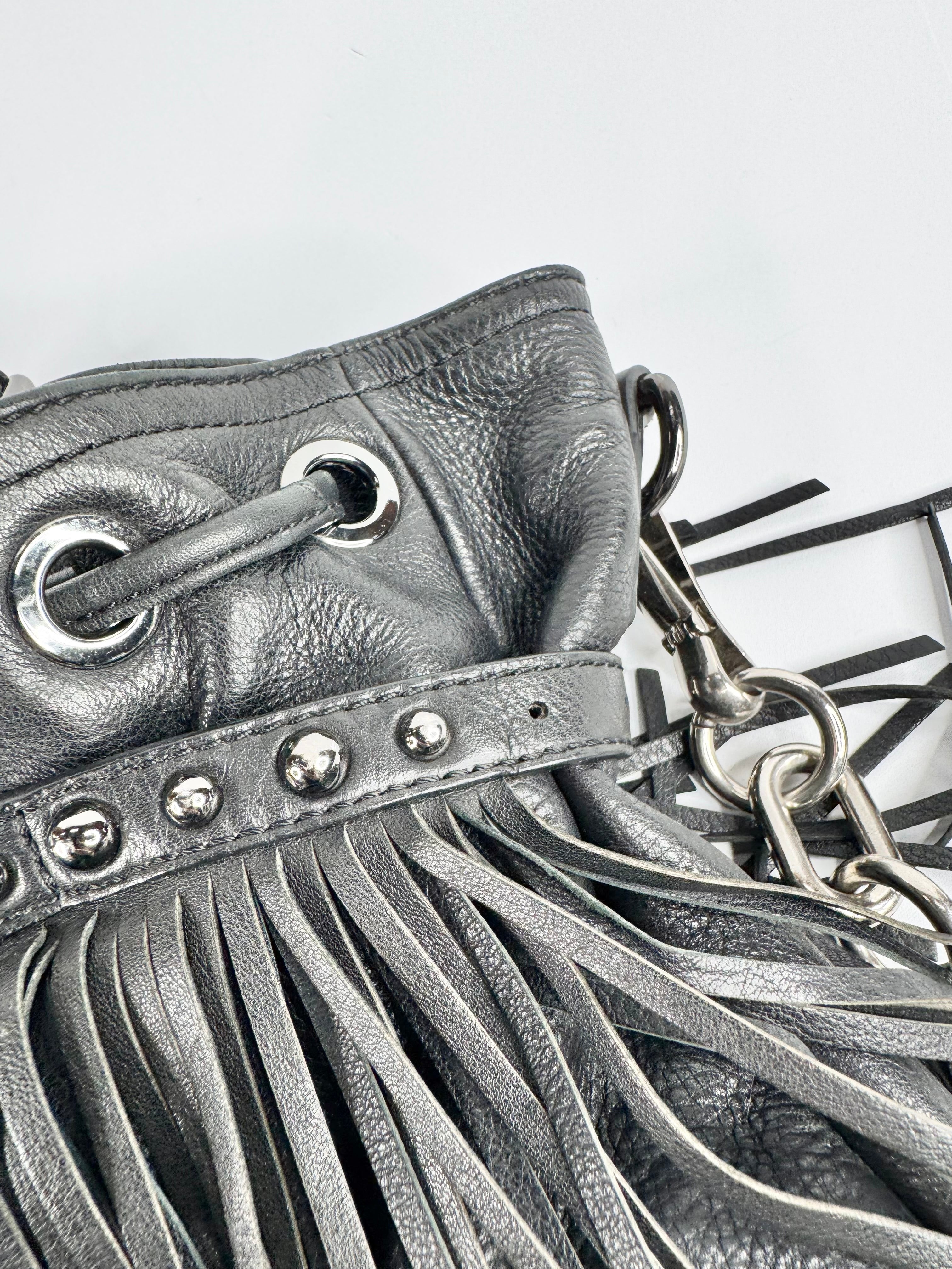 Oroton Black Grained Leather Fringe Trim Handbag