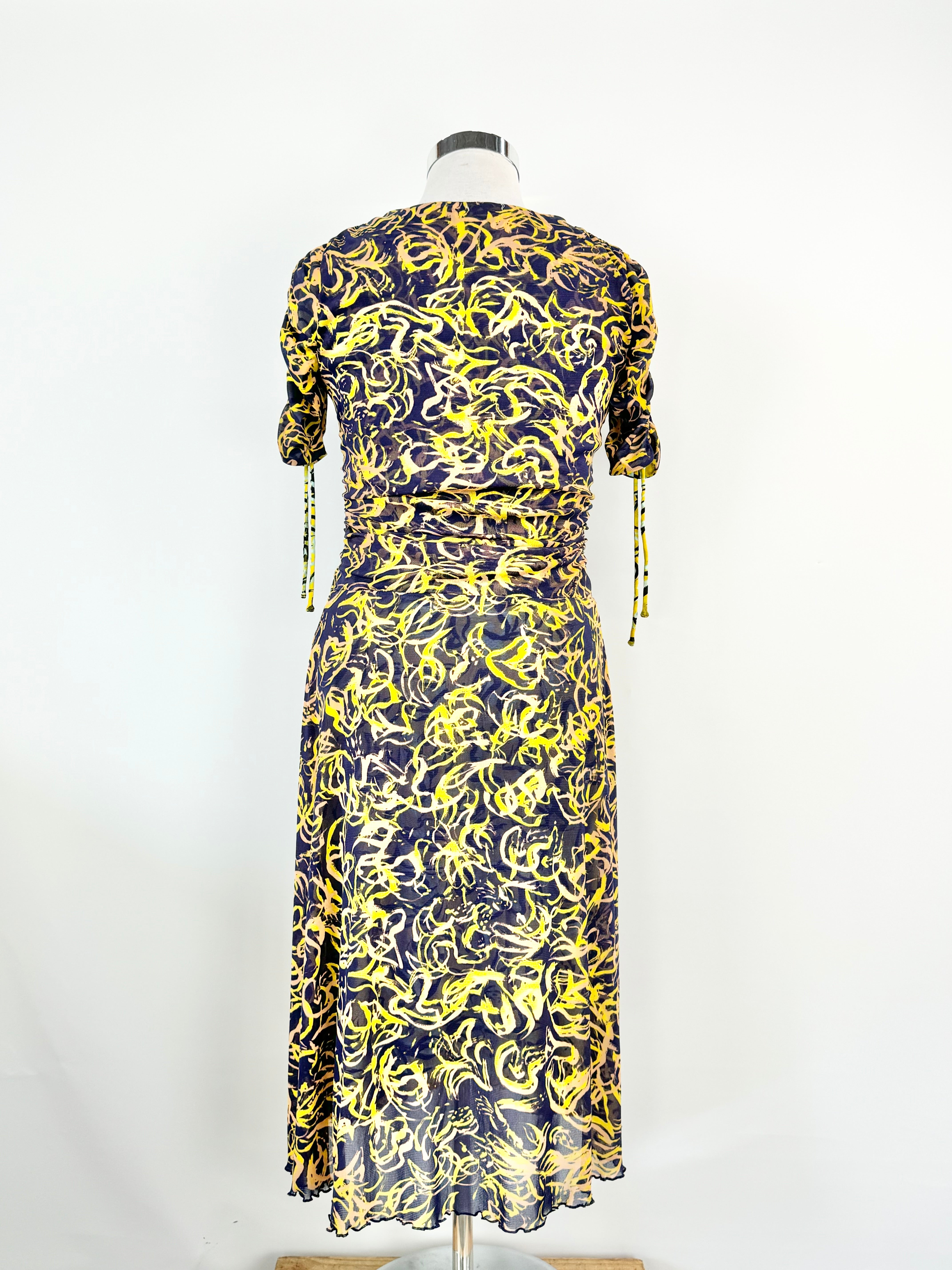 DVF 'In Charge' Yellow Patterned Ruched Dress - AU10/12