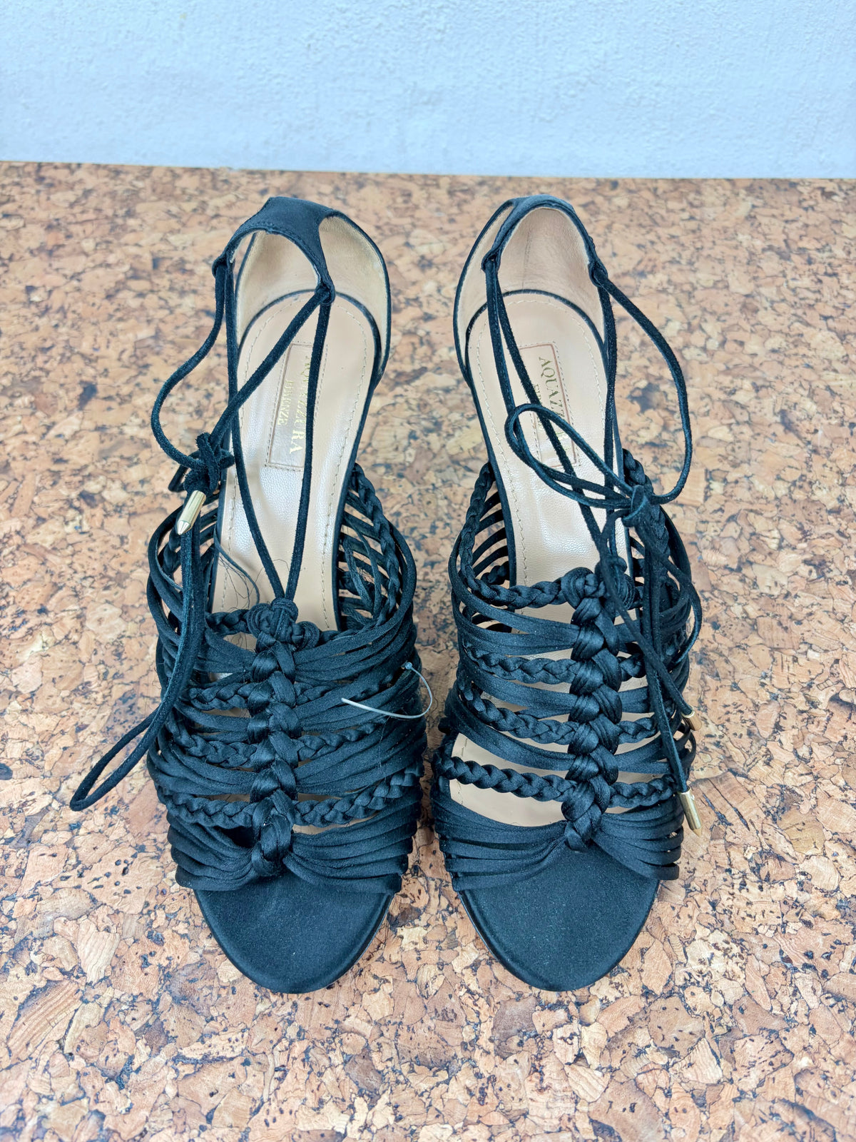 Aquazzura Black Satin Braided Peep Toe Stiletto Pumps - EU38