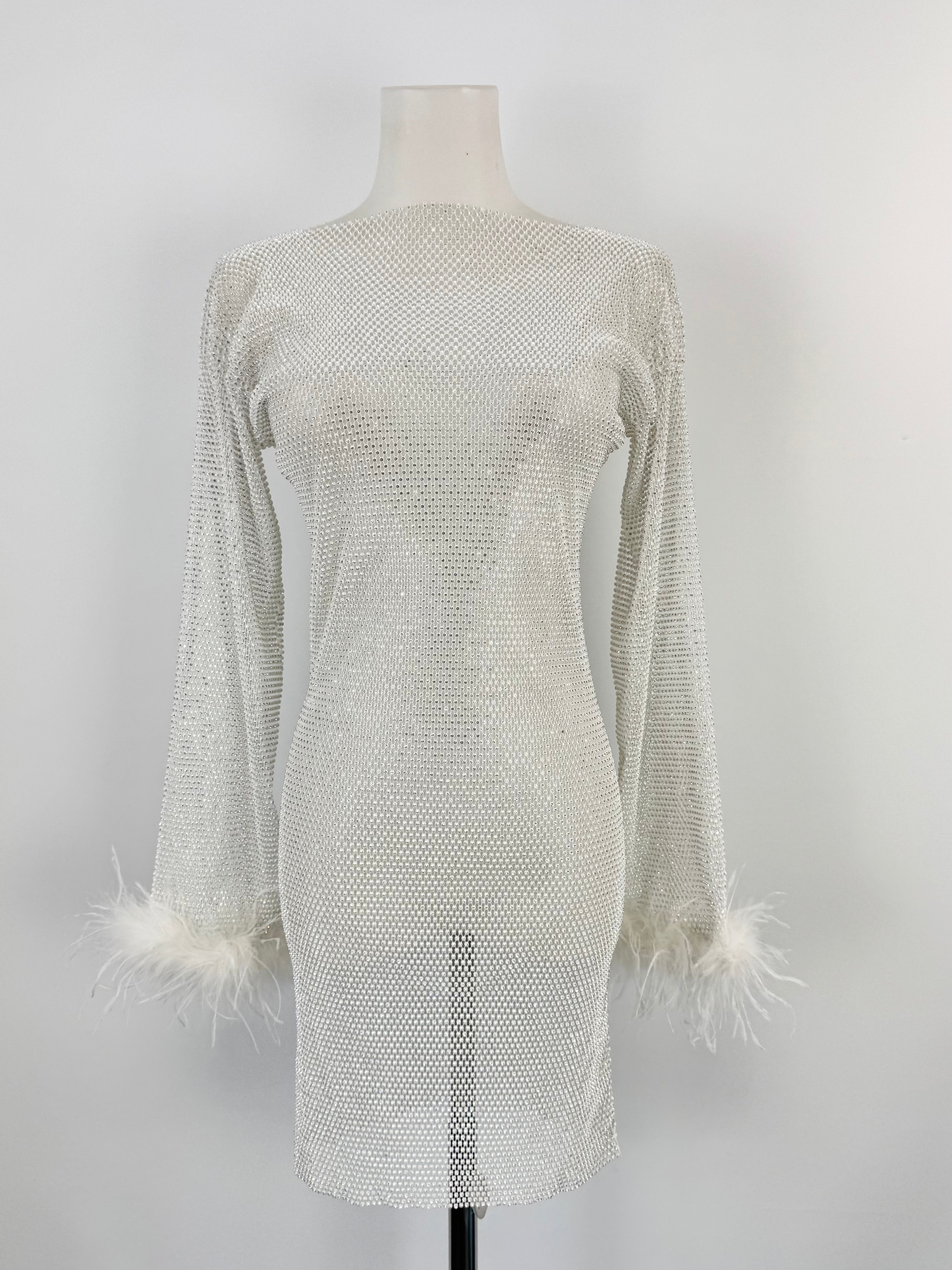 Sheer Rhinestone & Feather Long Sleeve Dress - AU8/10