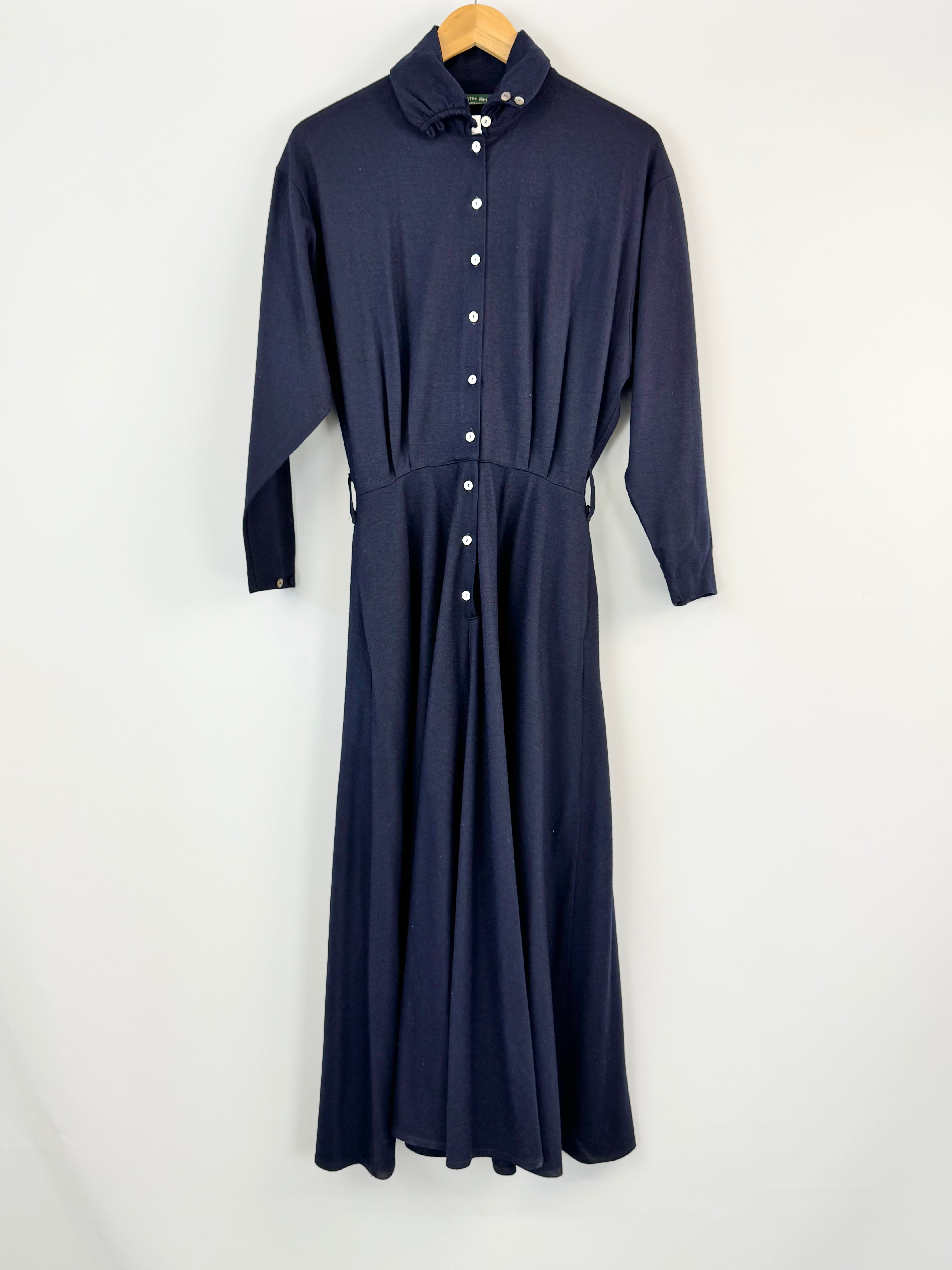 Country Road Vintage Navy Blue Half-Button Long Dress - AU10