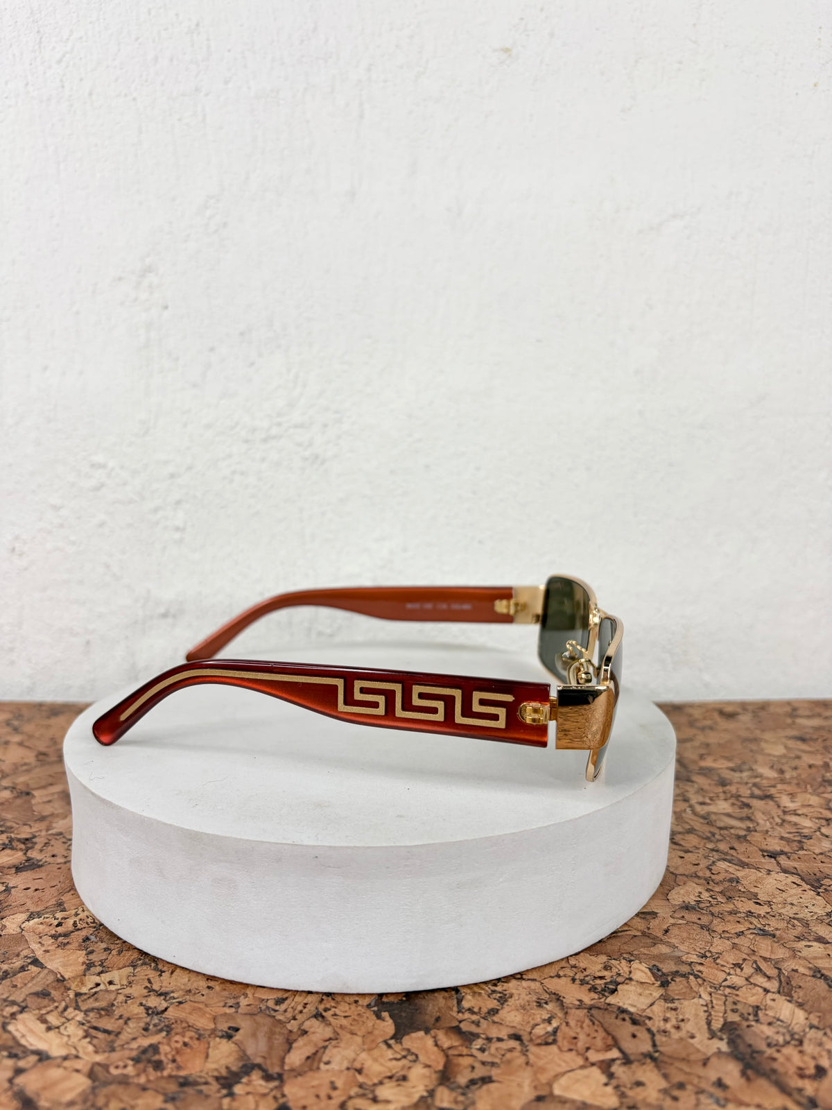 Vintage Versace Gold & Amber Meander Patterned Rectangle Square Sunglasses