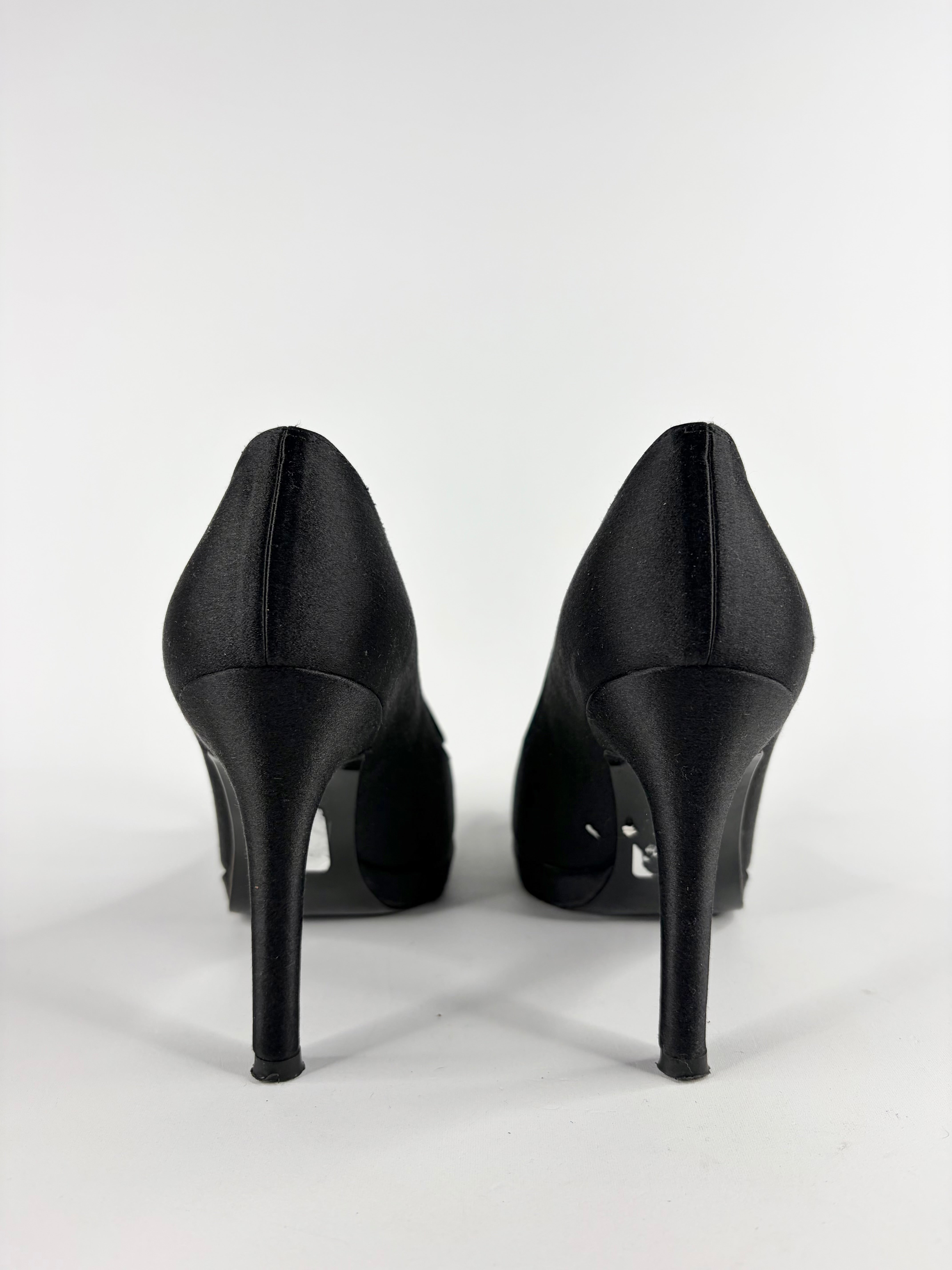 Stuart Weitzman Satin Peep Toe Crystal Flourish Heels - EU35