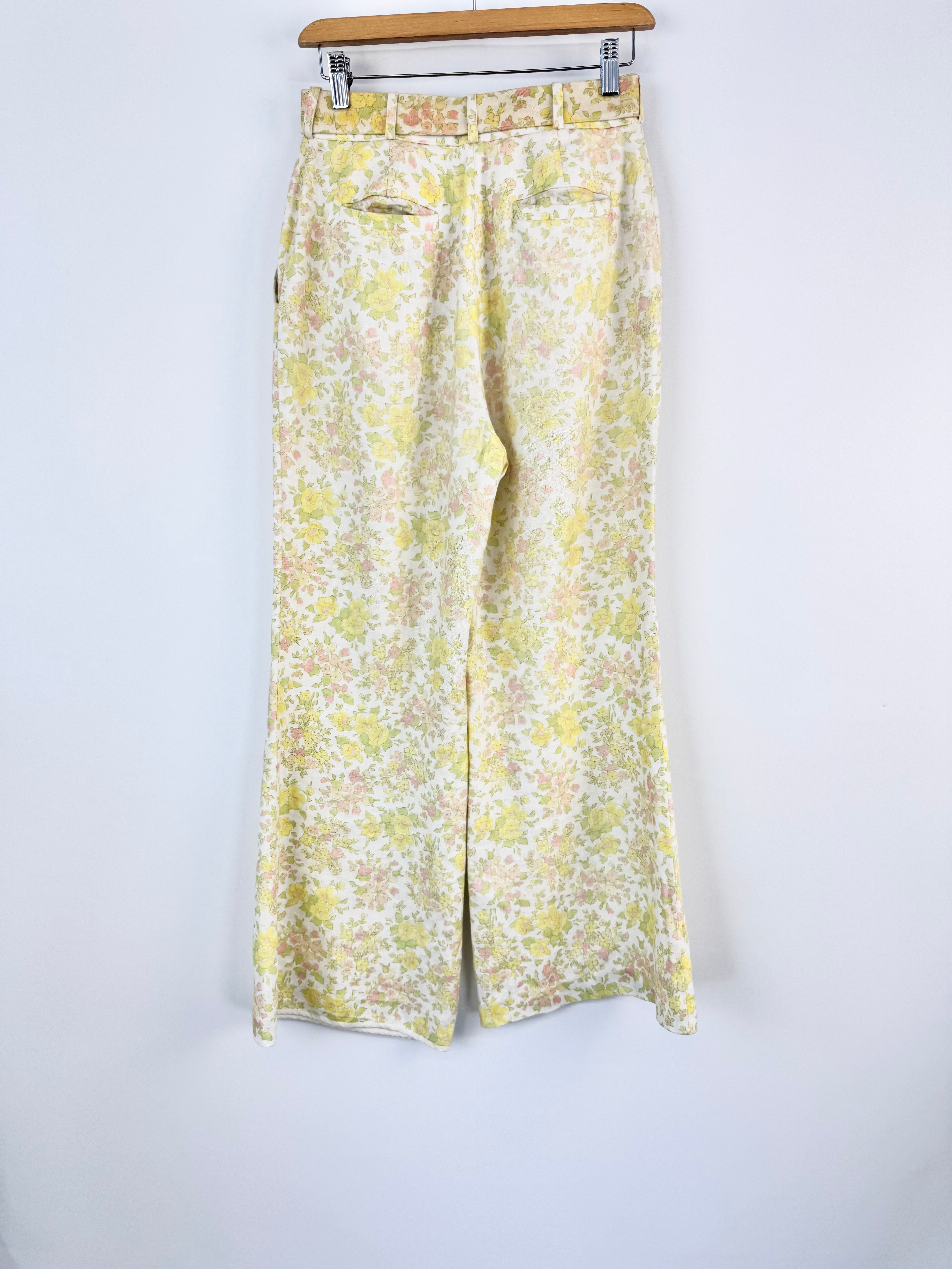 Zimmermann Yellow Floral Printed Linen Belted Wide Leg Trousers - AU8/10