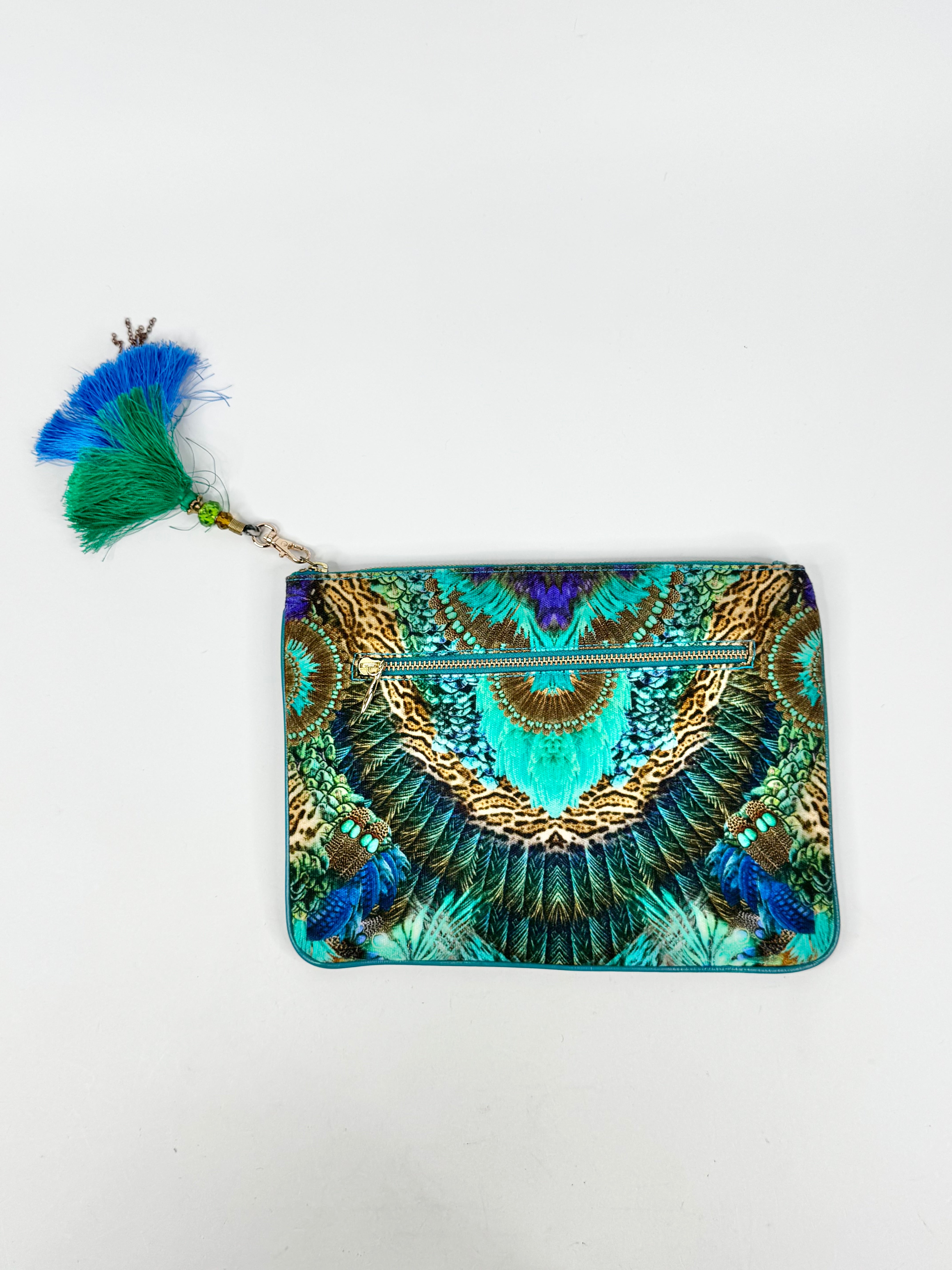 Camilla Peacock Green Leopard Print Pattern Canvas Clutch