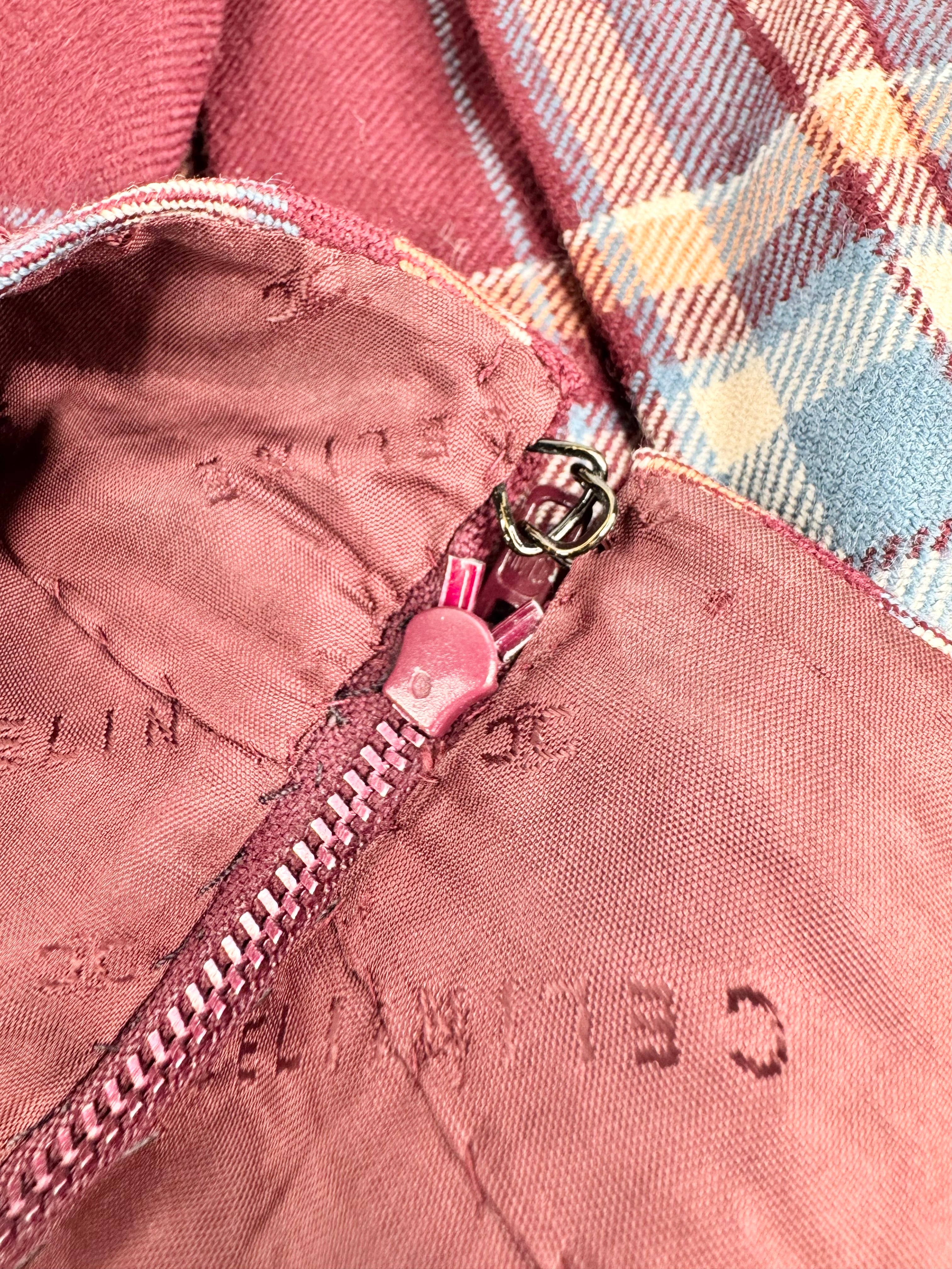 Vintage Celine Burgundy & Blue Tartan Pleat Mini Skirt - AU8/10