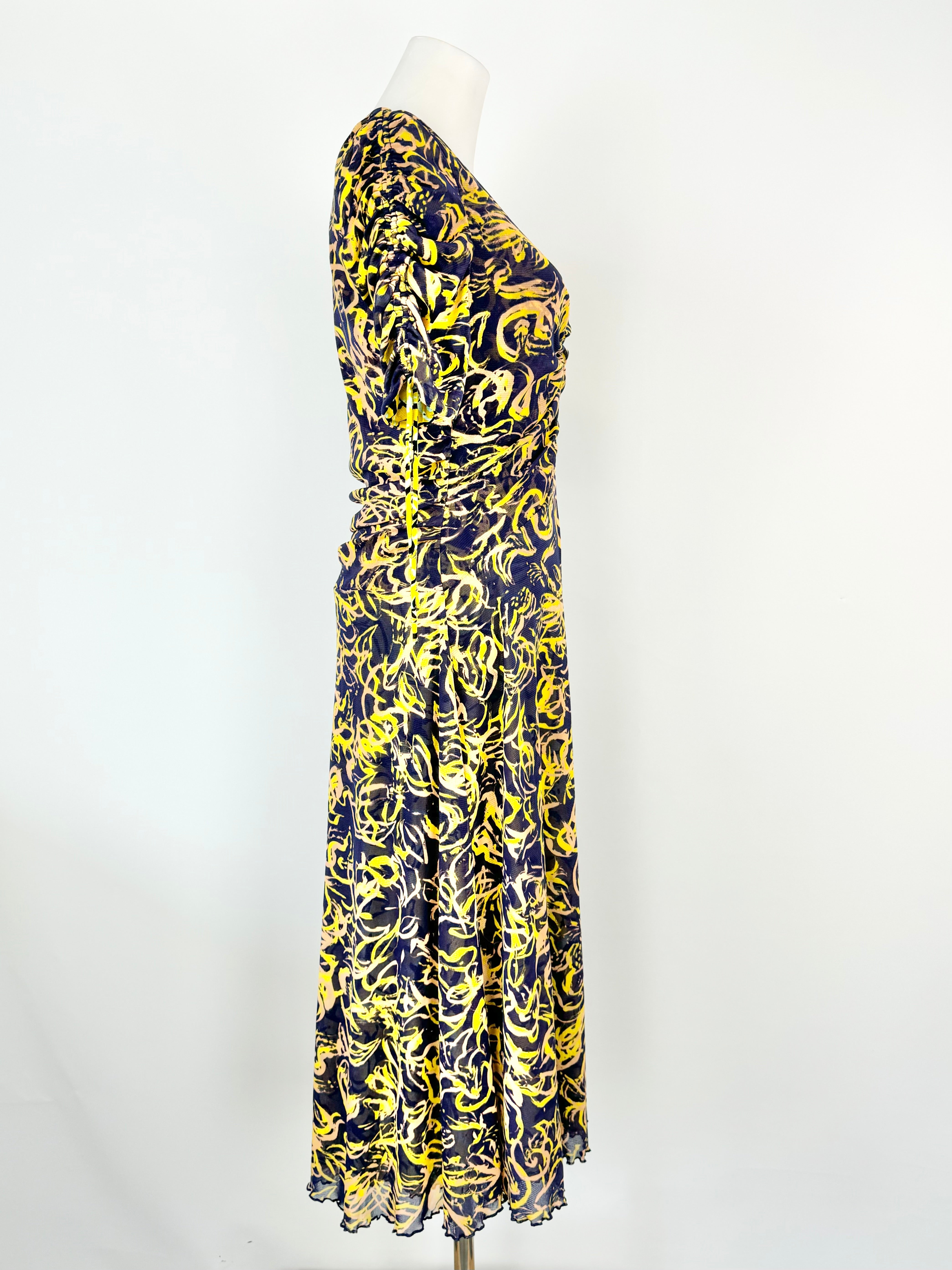 DVF 'In Charge' Yellow Patterned Ruched Dress - AU10/12
