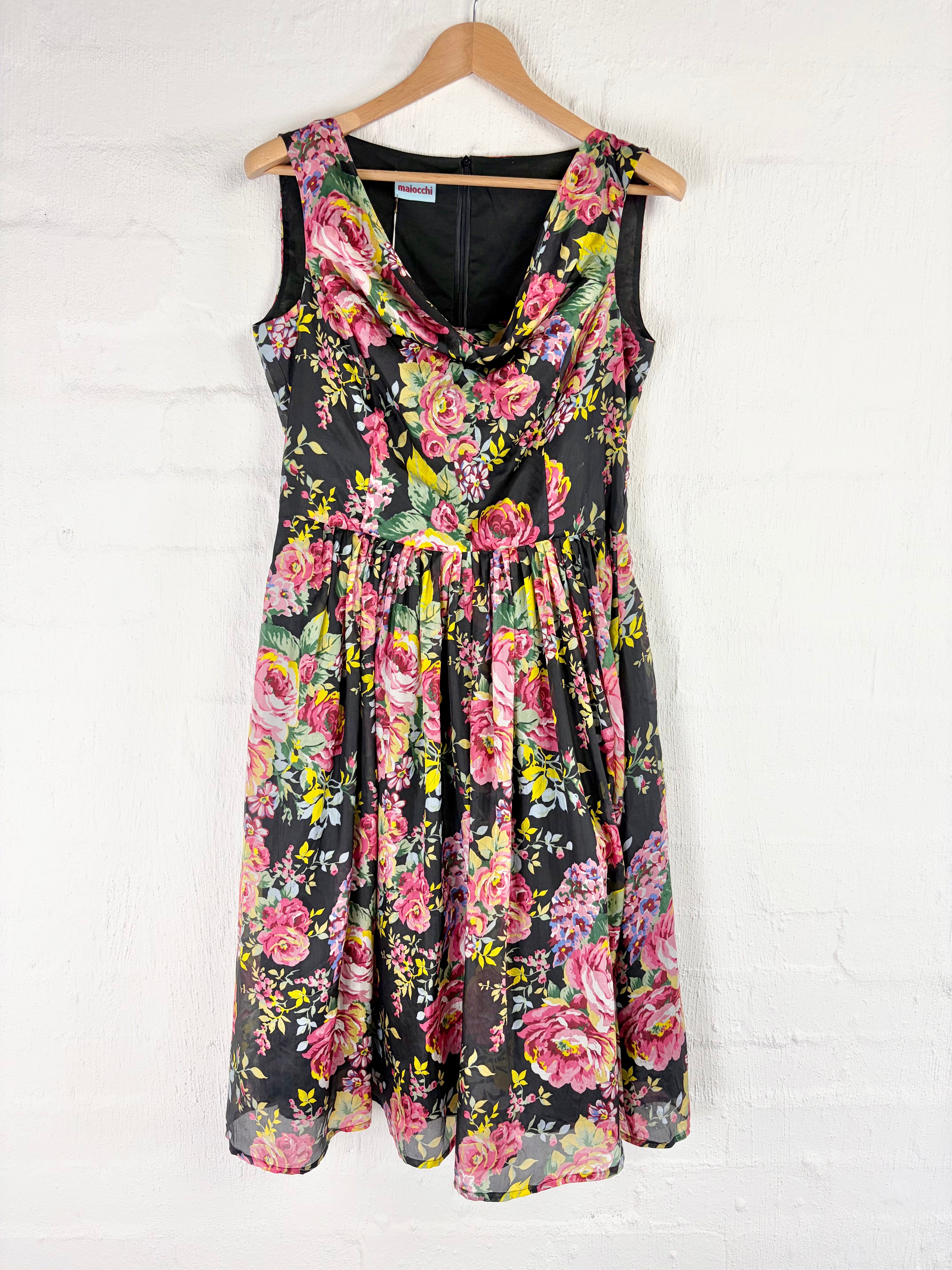 Maiocchi Black Rose Patterned 'Leading Lady' Silk Dress NWT - AU14