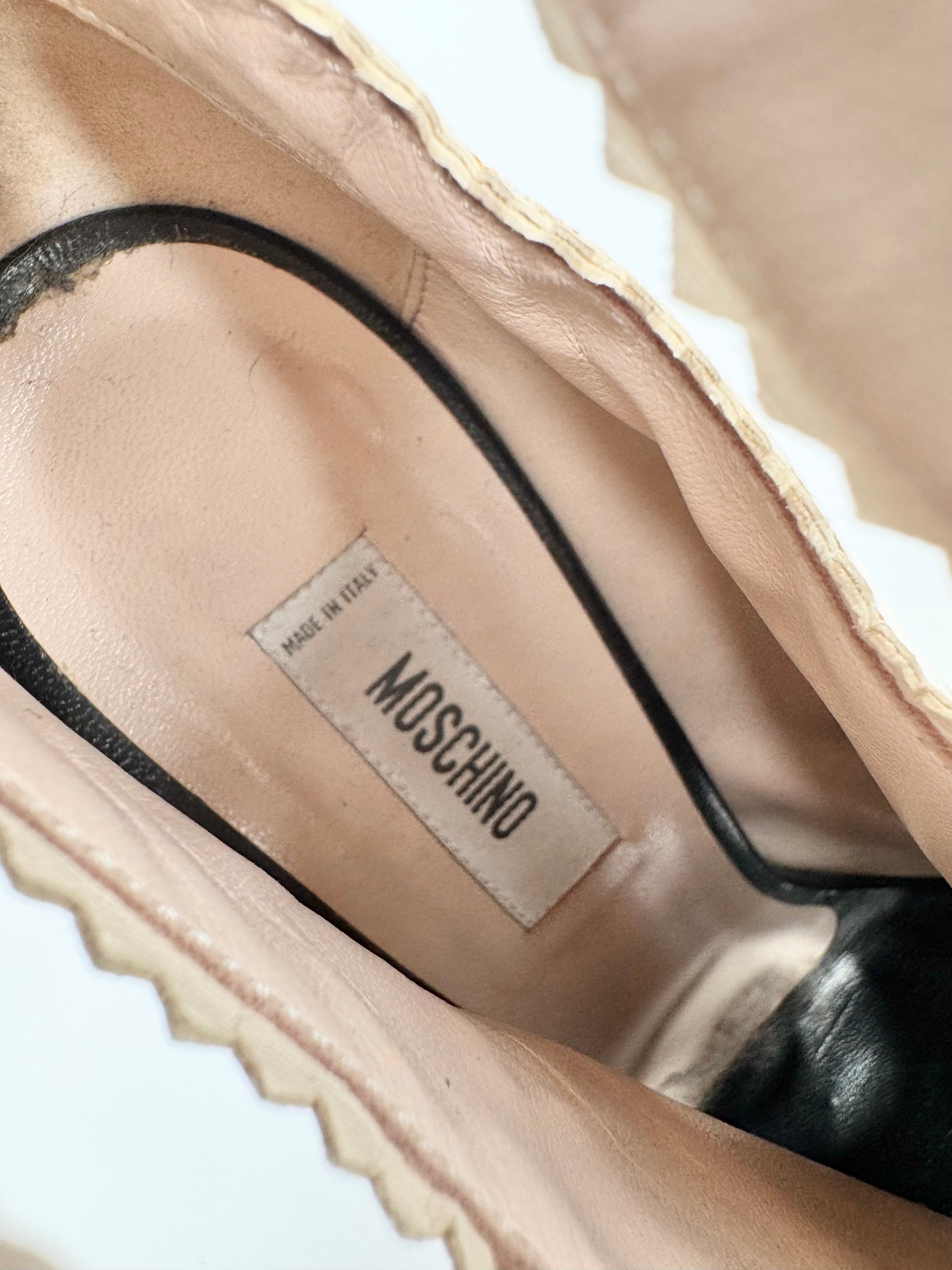 Moschino Ivory & Black Scallop Trim Peep Toe Ankle Boots - EU41