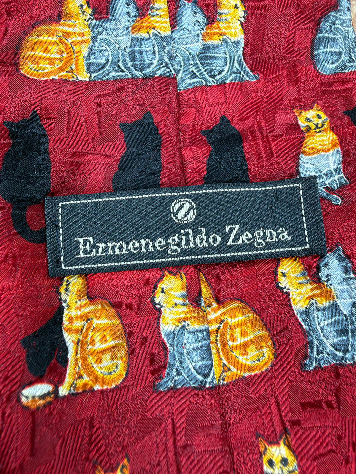 Zegna Deep Red Tabby Cat Patterned Silk Tie