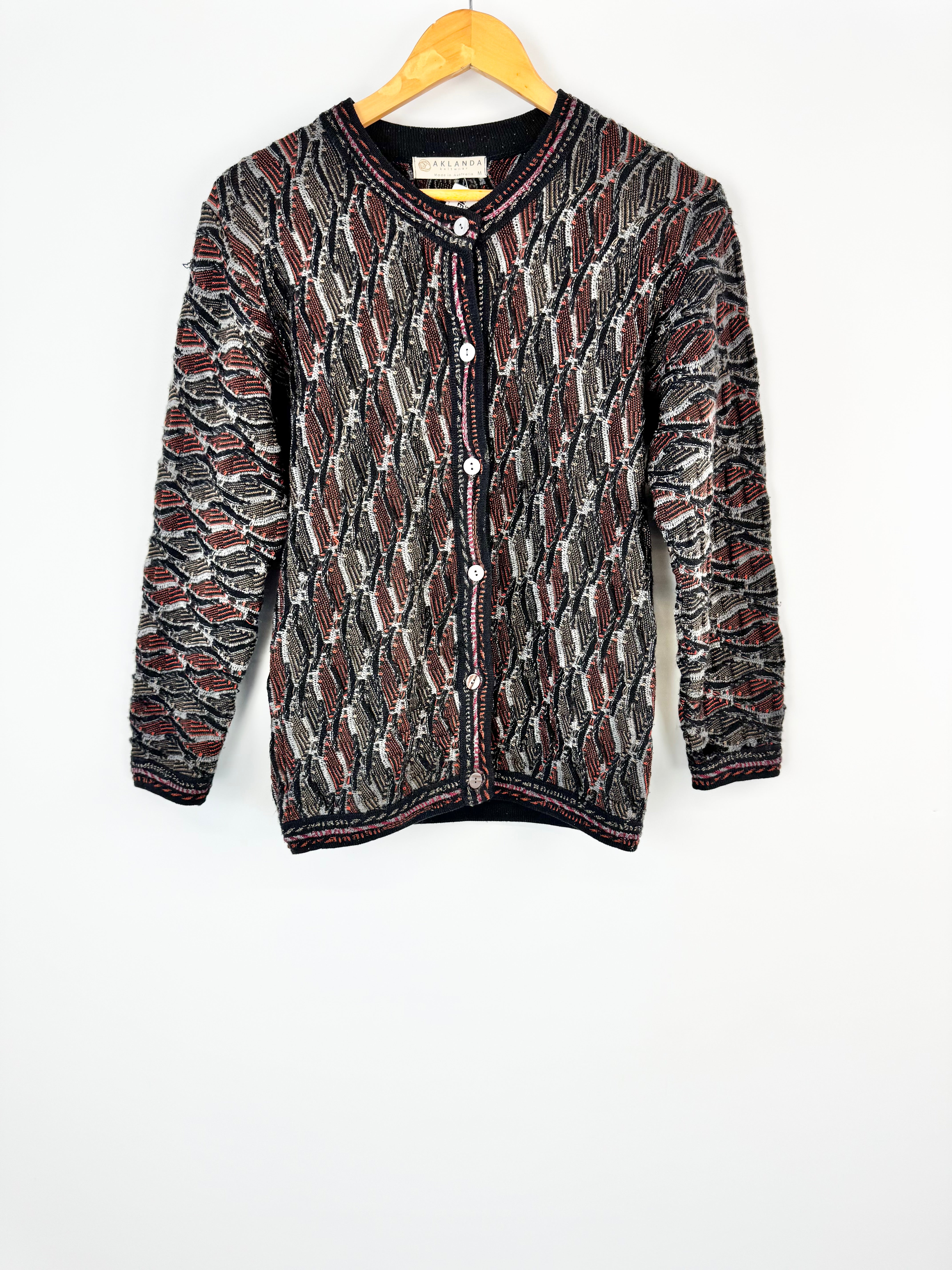 Aklanda Vintage Black & Red 3D Knit Cardigan - M