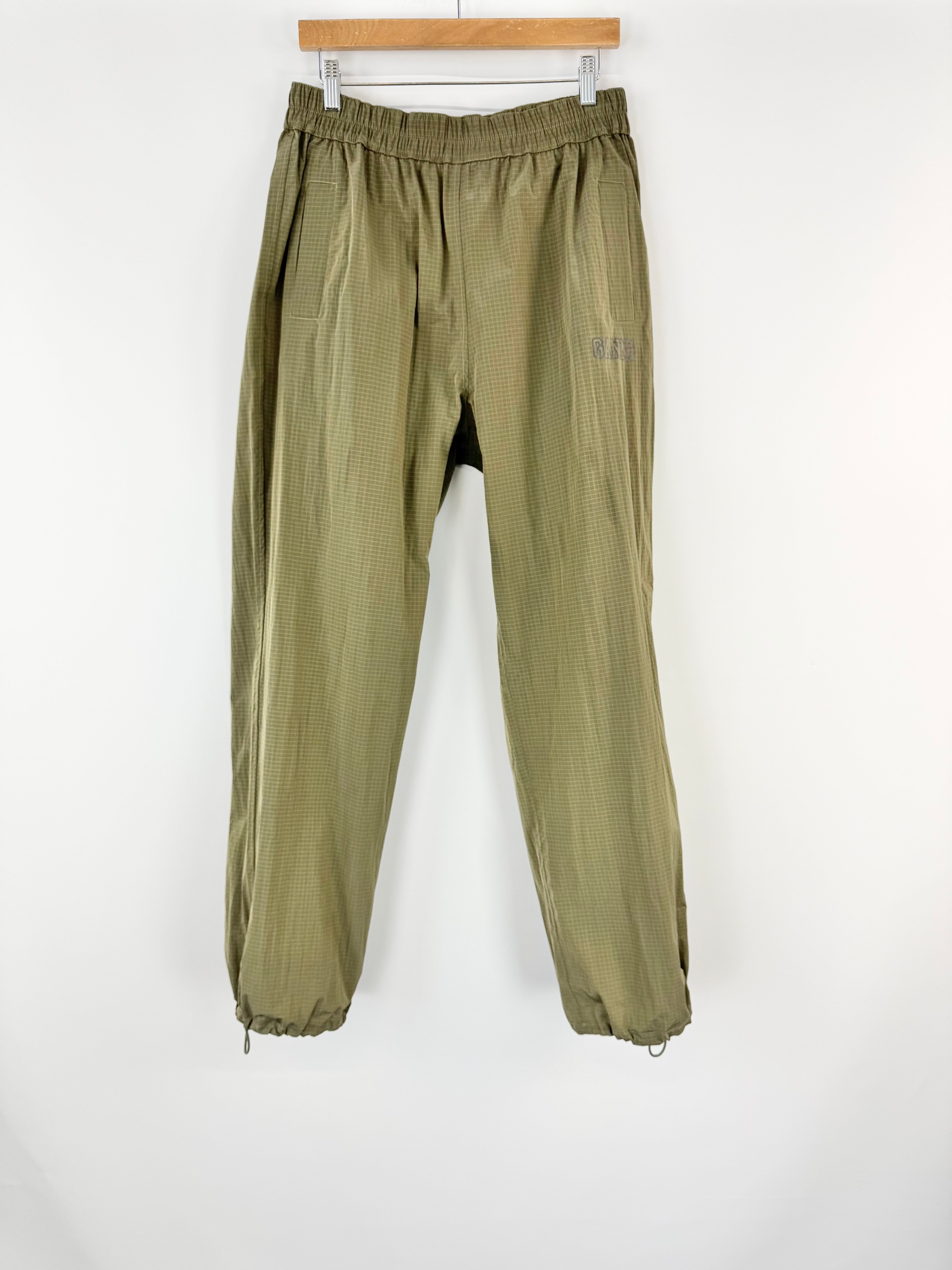 Ganni Khaki Crinkle Grid Pattern Tracksuit Pants - AU10/12