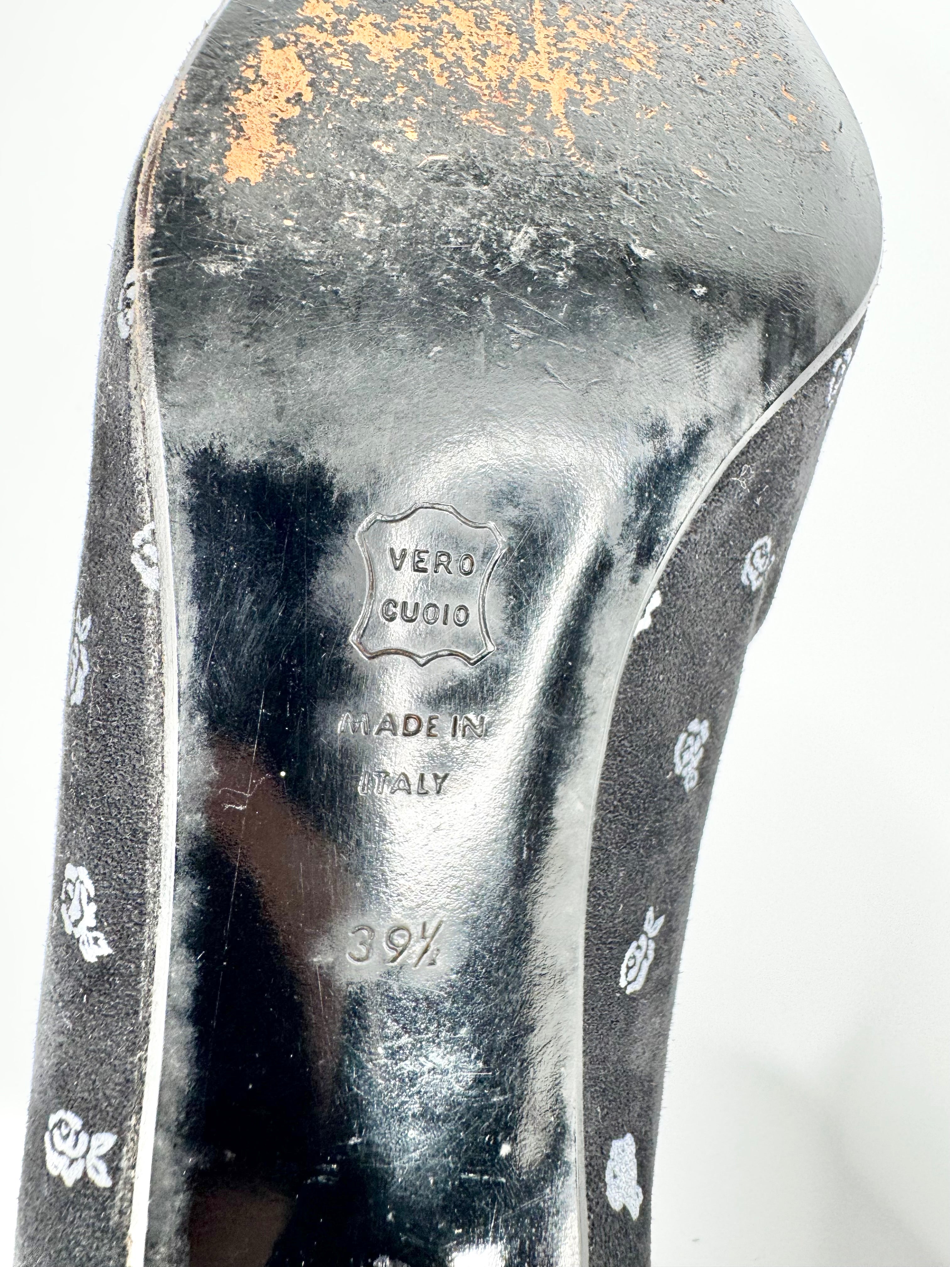 Vintage 80s Gianni Versace Black & Silver Rose Patterned French Heel Pumps - EU39.5