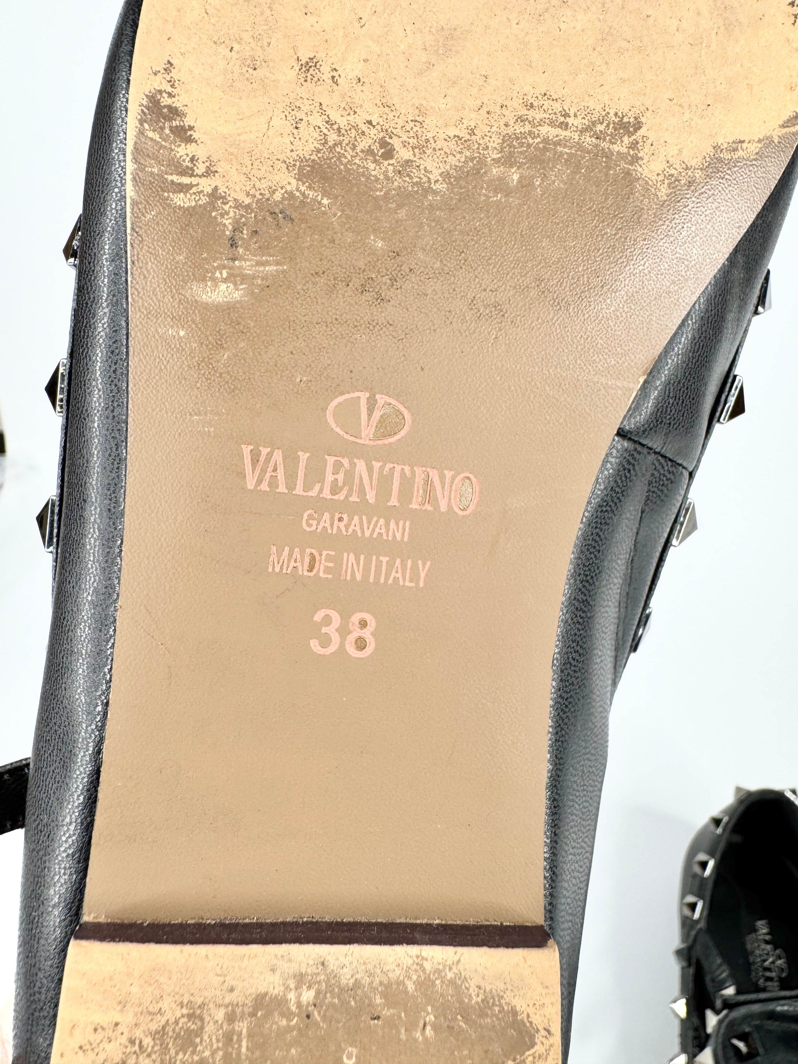 Valentino Garavani Black Leather 'Rockstud' Cage Flats - EU38