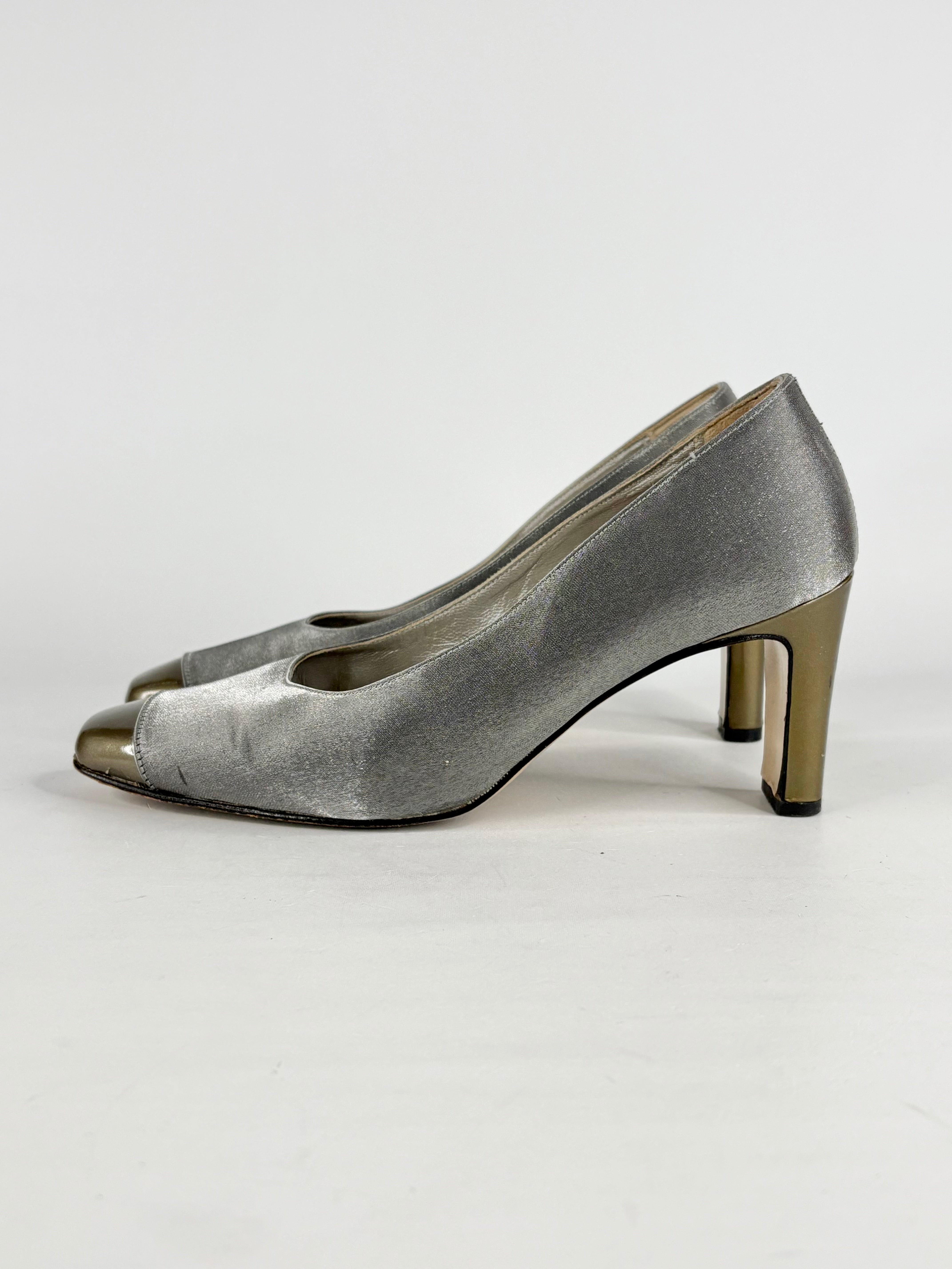 Vintage Taranto Silver Satin & Gold Toe Pumps - EU41