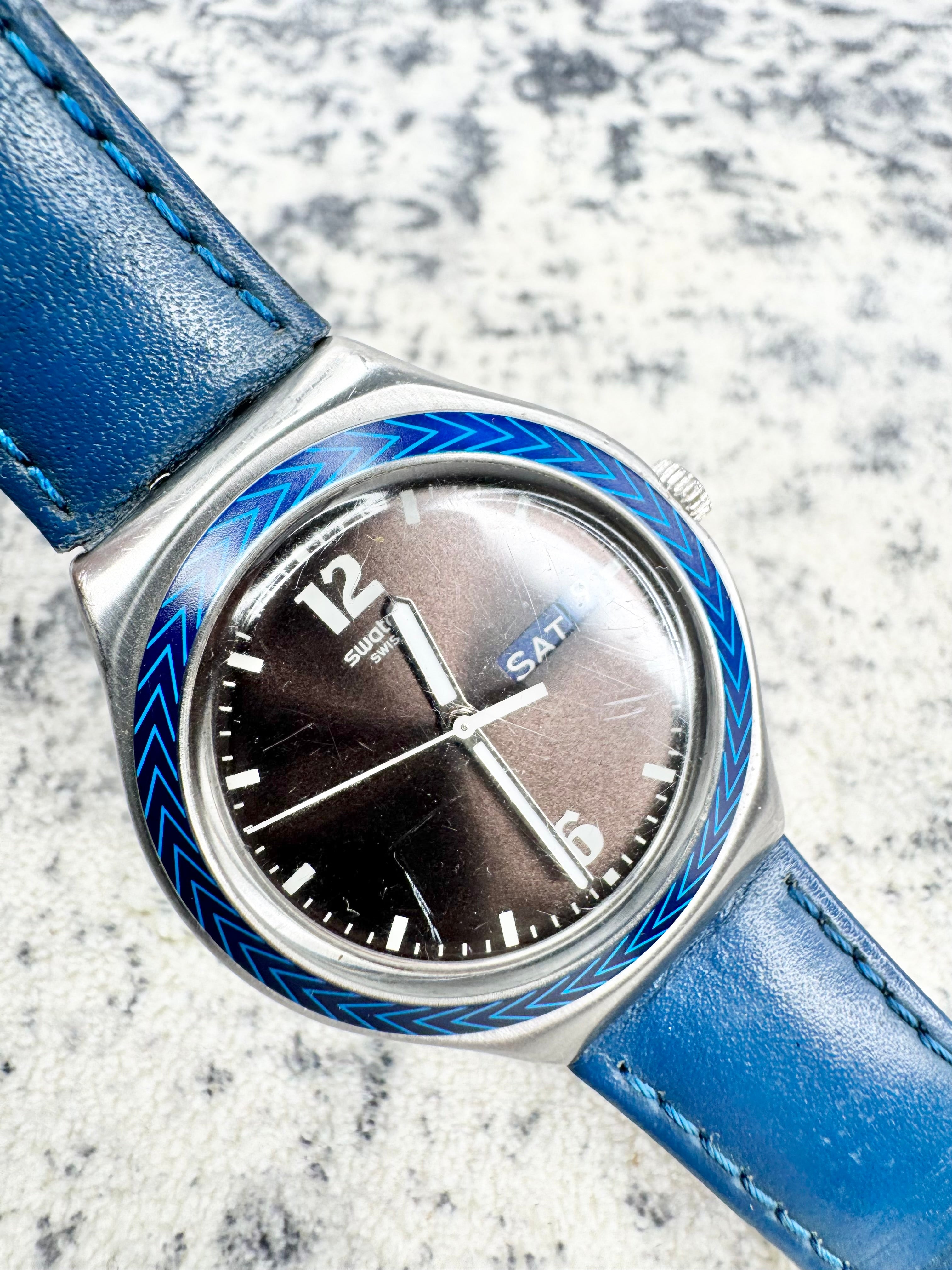 Swatch Irony Brushed Silver Aluminum and Blue Enamel Watch