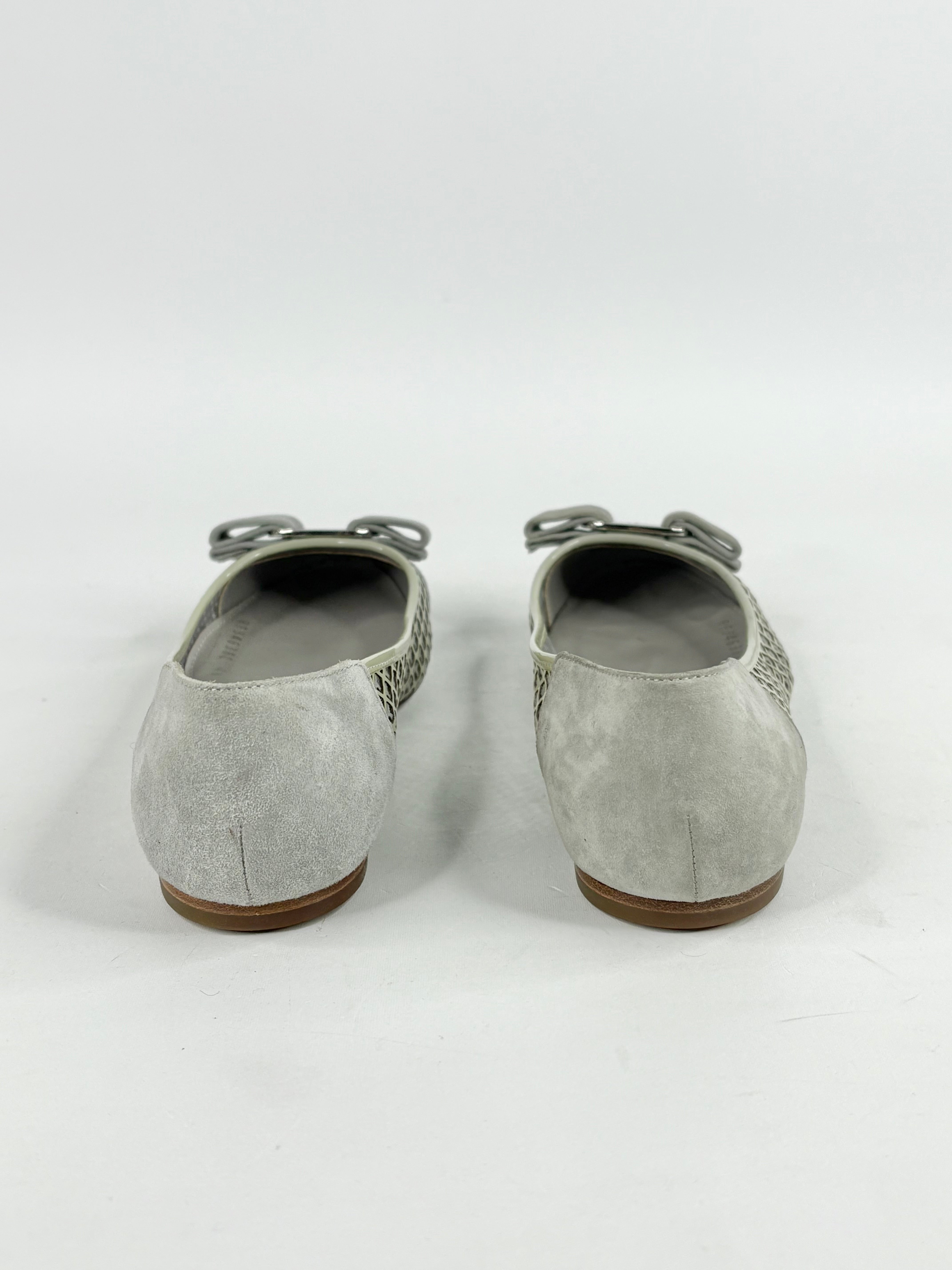Salvatore Ferragamo Grey Mesh & Suede Bow Flats - EU35