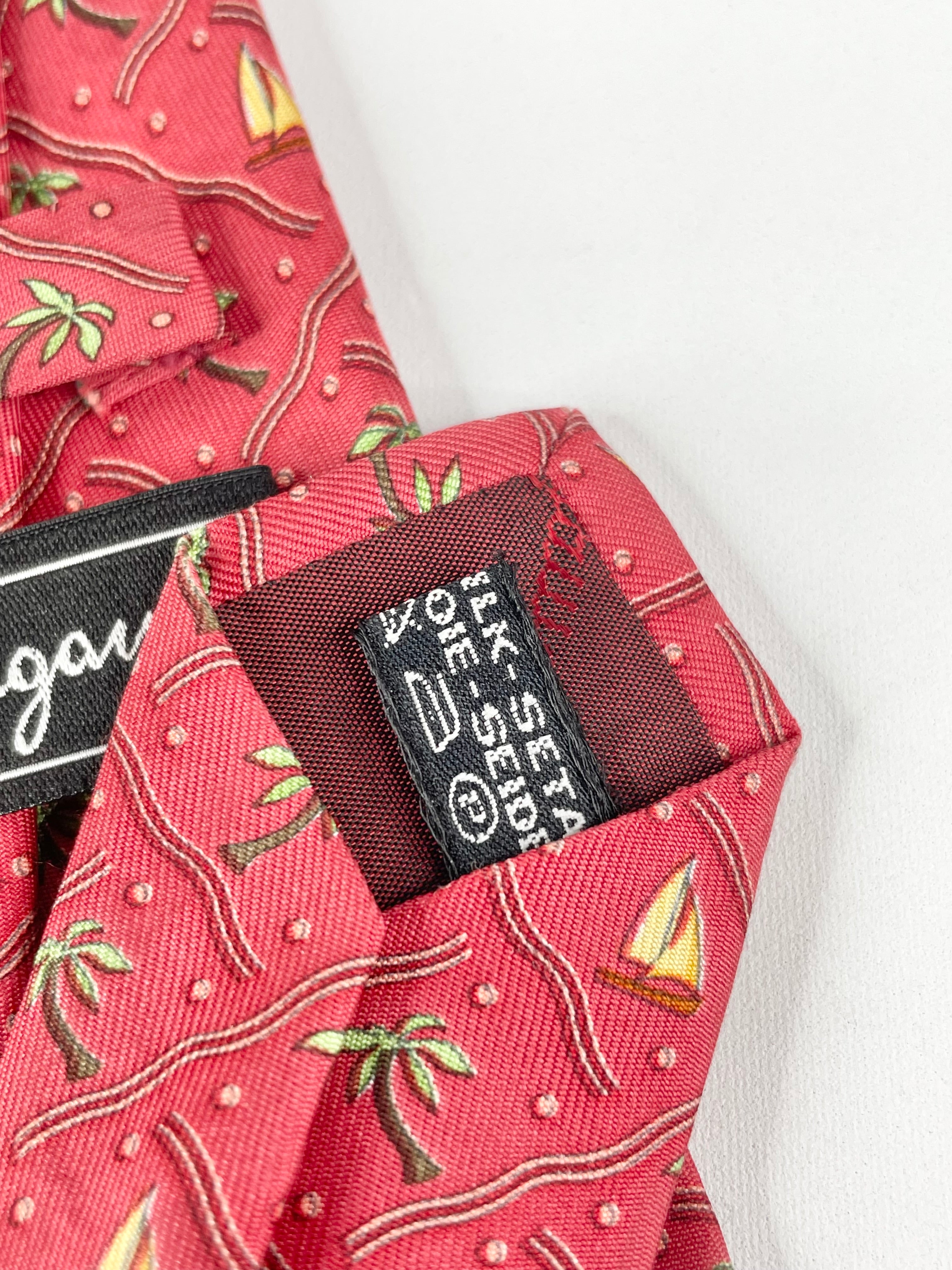 Salvatore Ferragamo Red Sailing Yacht & Palm Tree Print Silk Tie