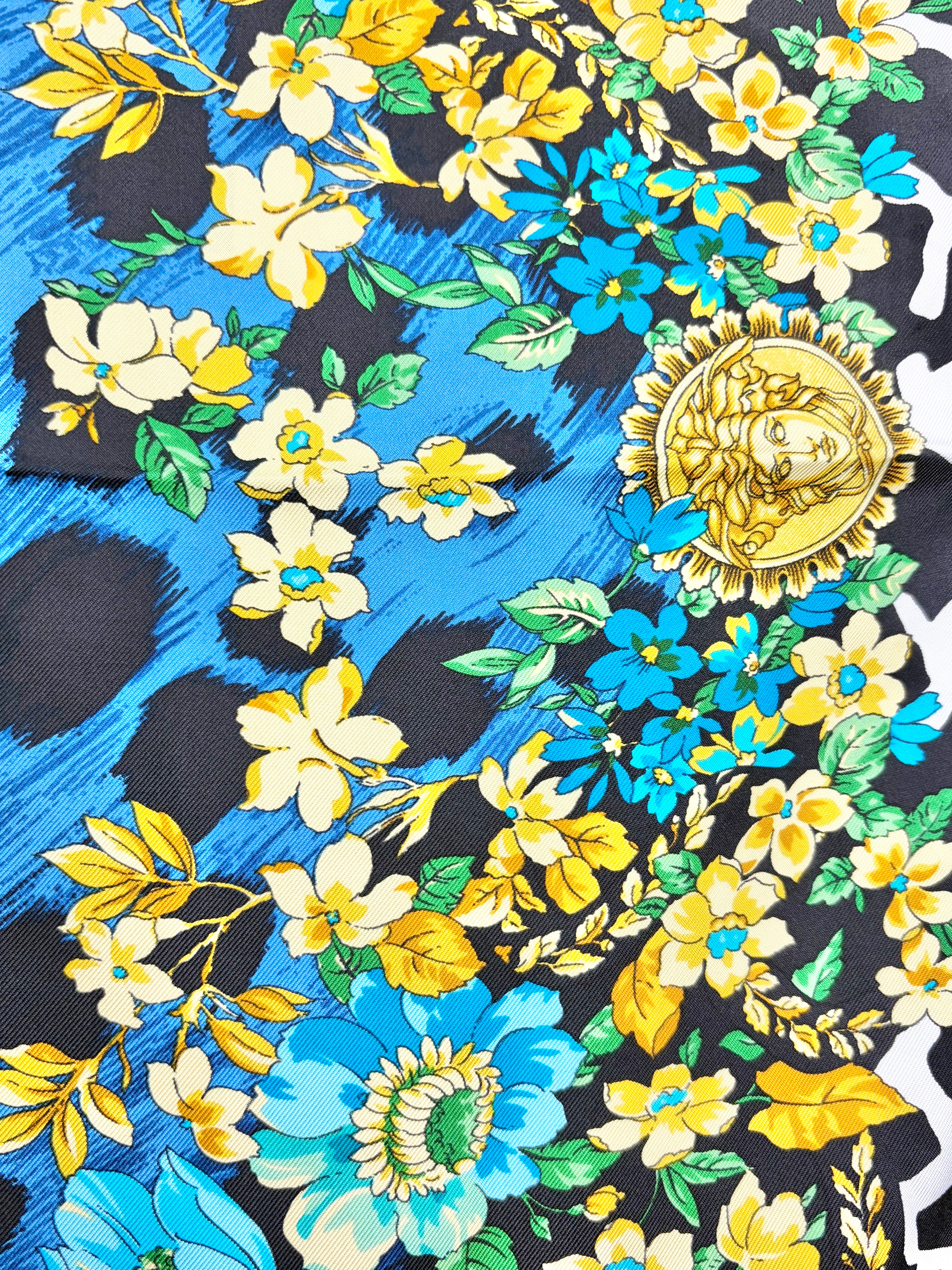 Versace Black Gold & Blue Leopard Print & Brocade Patterned Hand-Rolled Silk Scarf