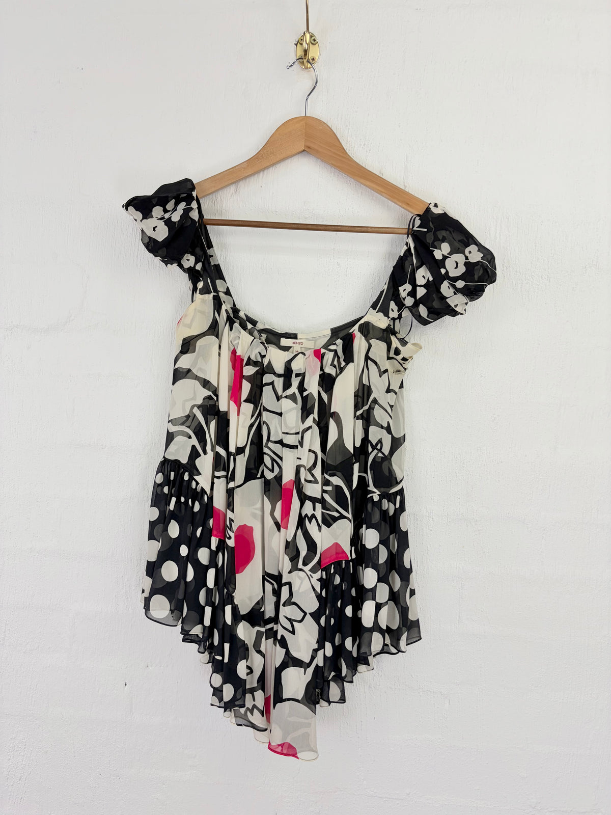 Y2K Kenzo Black, White & Pink Sheer Silk Asymmetrical Blouse - AU8