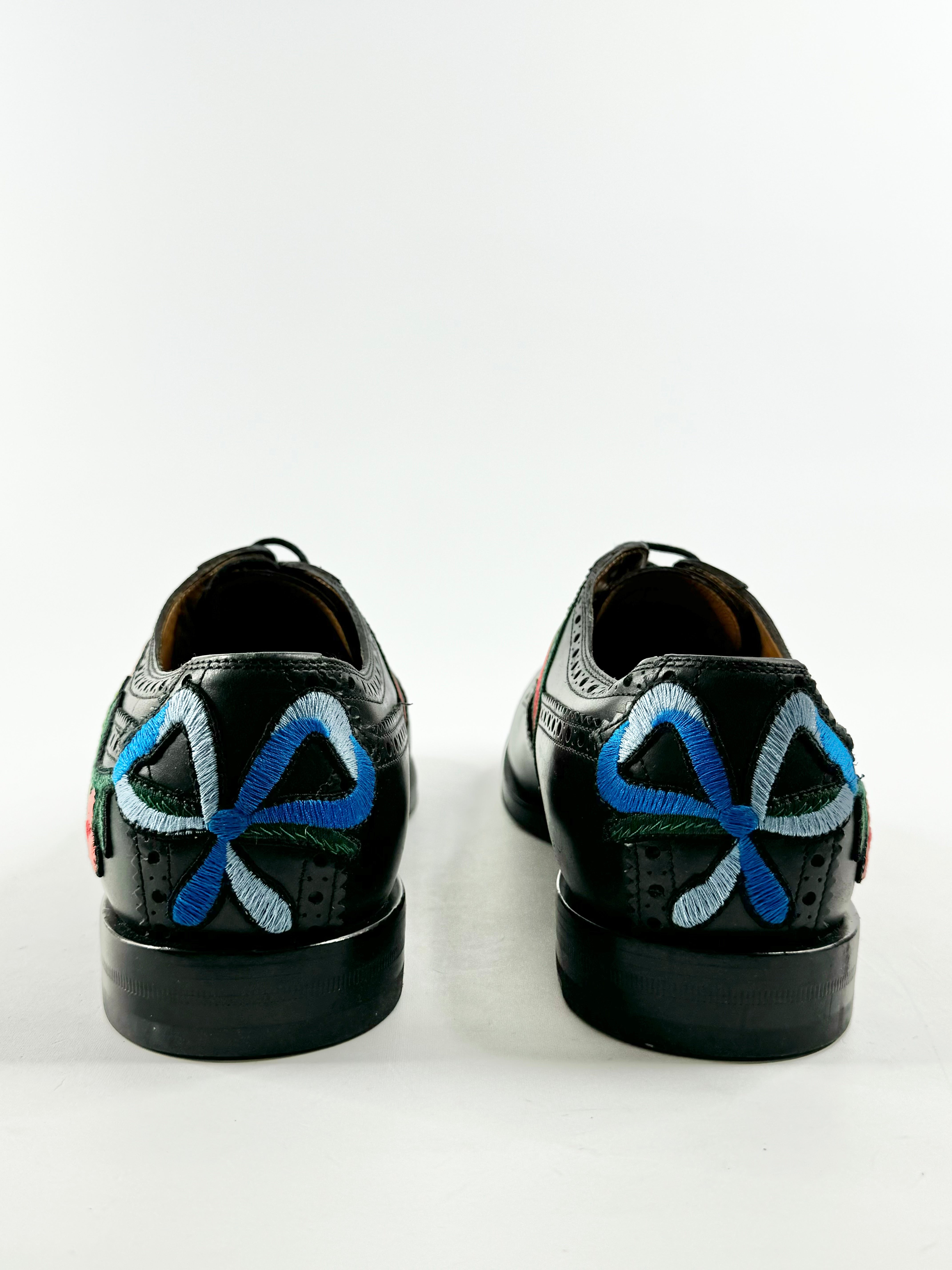 Gucci Black Applique Leather Wingtip Brogues - 9.5