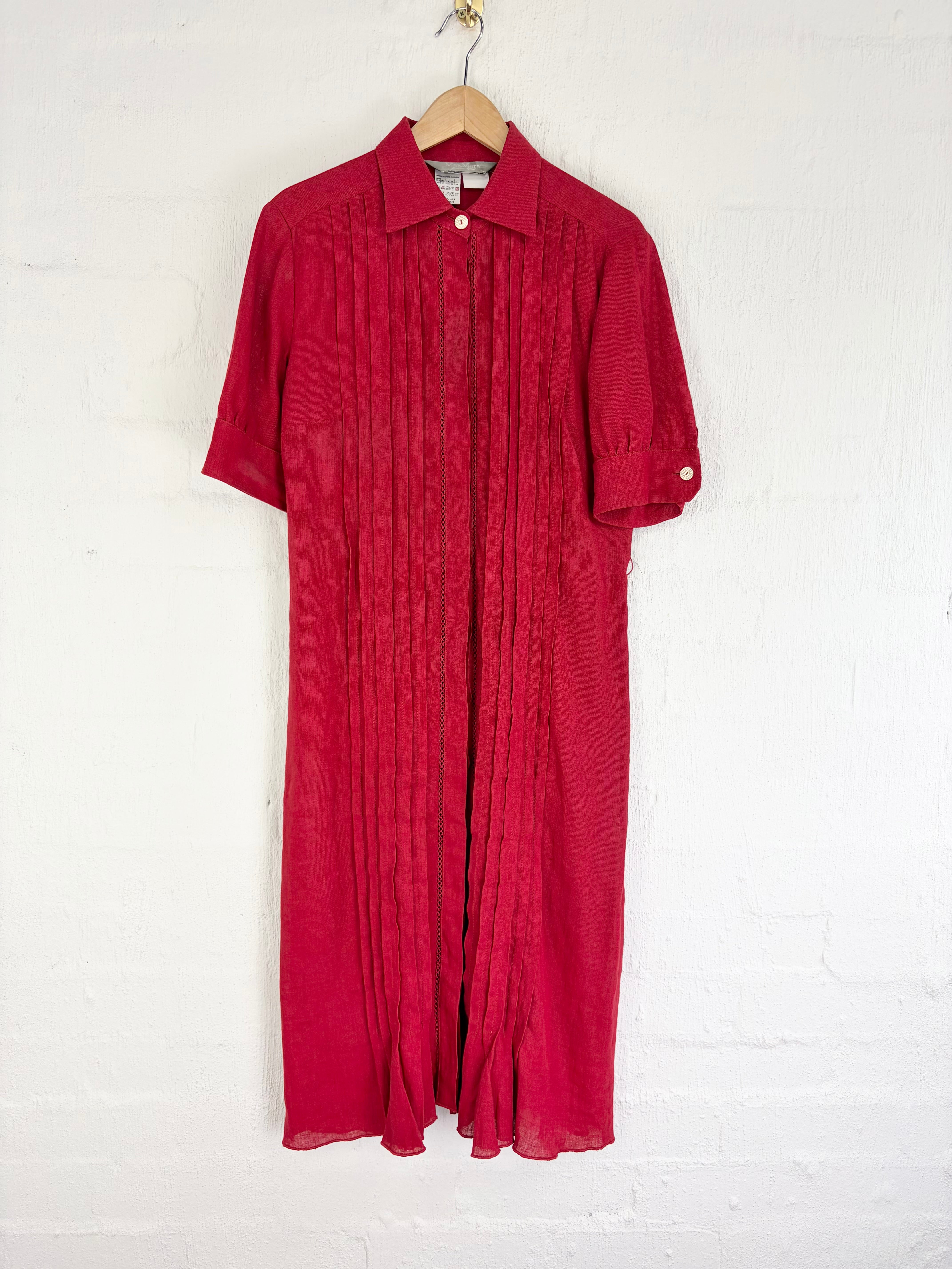 Max Mara Brick Red Linen Pintuck & Crochet Detail Shirt Dress - AU12