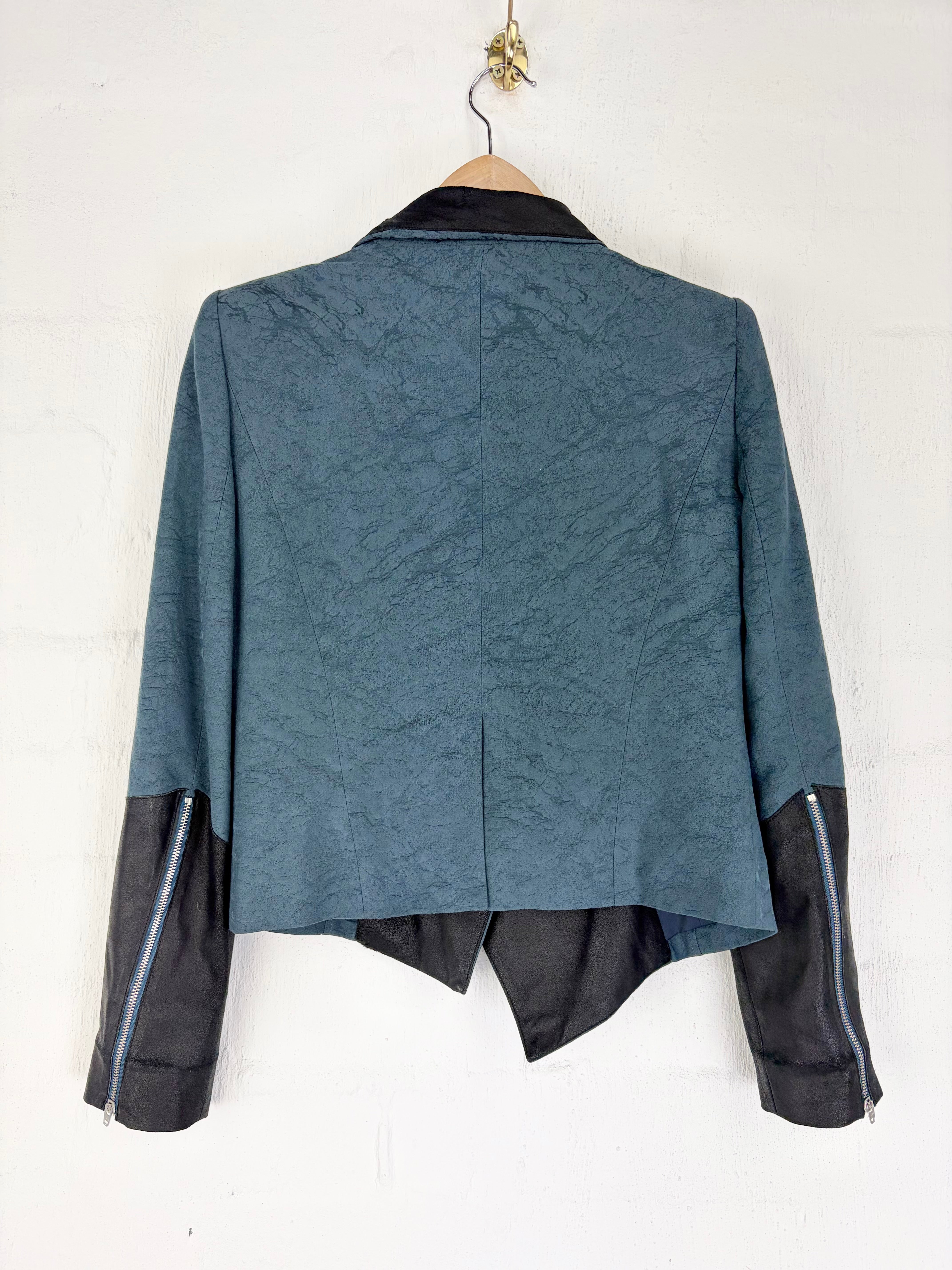 Helmut Lang Crushed Satin & Leather Petrol & Black Blazer - AU8/10