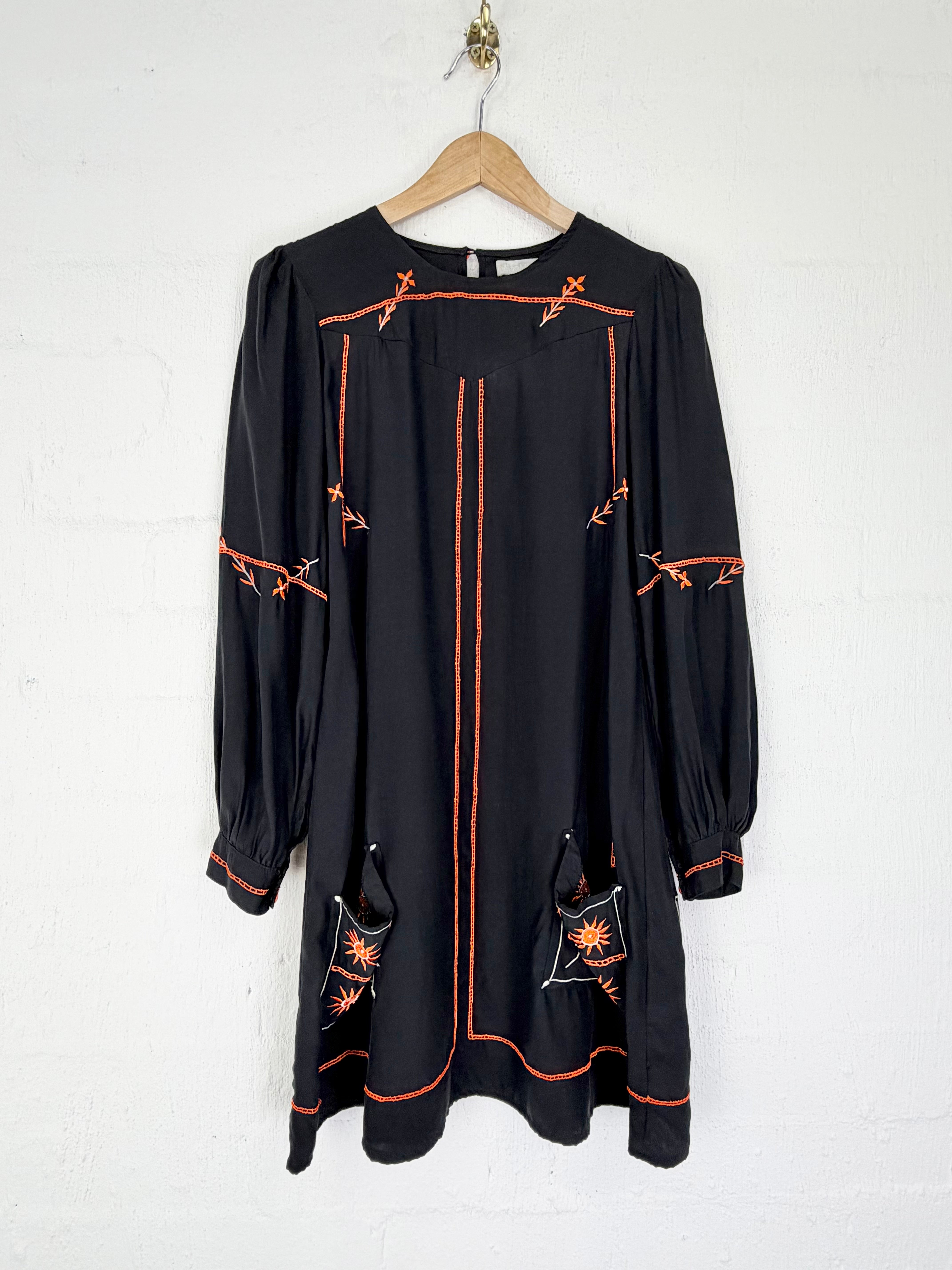 Alice McCall Black & Orange Embroidered Puff Sleeve Mini Dress - AU10